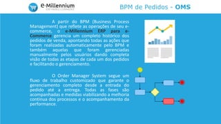 BPM de Pedidos - OMS
A partir do BPM (Business Process
Management) que reflete as operações de seu e-
commerce, o e-Millennium ERP para e-
Commerce gerencia um completo histórico dos
pedidos de venda, apontando todas as ações que
foram realizadas automaticamente pelo BPM e
também aquelas que foram gerenciadas
manualmente pelos usuários dando completa
visão de todas as etapas de cada um dos pedidos
e facilitando o gerenciamento.
O Order Manager System segue um
fluxo de trabalho customizado que garante o
gerenciamento completo desde a entrada do
pedido até a entrega. Todas as fases são
acompanhadas e medidas viabilizando a melhoria
continua dos processos e o acompanhamento da
performance.
 