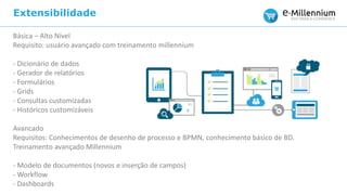 Extensibilidade
Básica – Alto Nível
Requisito: usuário avançado com treinamento millennium
- Dicionário de dados
- Gerador de relatórios
- Formulários
- Grids
- Consultas customizadas
- Históricos customizáveis
Avancado
Requisitos: Conhecimentos de desenho de processo e BPMN, conhecimento básico de BD.
Treinamento avançado Millennium
- Modelo de documentos (novos e inserção de campos)
- Workflow
- Dashboards
 