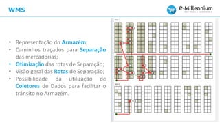 WMS
• Representação do Armazém;
• Caminhos traçados para Separação
das mercadorias;
• Otimização das rotas de Separação;
• Visão geral das Rotas de Separação;
• Possibilidade da utilização de
Coletores de Dados para facilitar o
trânsito no Armazém.
 