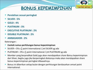 Perolehan sesuai peringkat SILVER : 5%  GOLD : 4% PLATINUM : 3% EXECUTIVE PLATINUM : 2% DOUBLE PLATINUM : 2% AMBASADOR : 2% Keterangan : Contoh rumus perhitungan bonus kepemimpinan SILVER = 5% x ∑ point International / jml SILVER yg ada PLATINUM = 3% x ∑ point International / jml PLATINUM yg ada Member yang berpredikat Gold juga akan mendapatkan share Bonus kepemimpinan dari Silver, begitu juga jika berperingkat diatasnya maka akan mendapatkan share bonus kepemimpinan peringkat dibawahnya. Bonus ini diberikan setiap bulan dengan perhitungan berdasarkan omset point international. BONUS KEPEMIMPINAN 