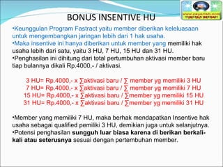 BONUS INSENTIVE HU Keunggulan Program Fastract yaitu member diberikan keleluasaan untuk mengembangkan jaringan lebih dari 1 hak usaha. Maka insentive ini hanya diberikan untuk member yang  memiliki hak usaha lebih dari satu, yaitu 3 HU, 7 HU, 15 HU dan 31 HU. Penghasilan ini dihitung dari total pertumbuhan aktivasi member baru tiap bulannya dikali Rp.4000,- / aktivasi.   3 HU= Rp.4000,- x ∑aktivasi baru / ∑ member yg memiliki 3 HU 7 HU= Rp.4000,- x ∑aktivasi baru / ∑ member yg memiliki 7 HU 15 HU= Rp.4000,- x ∑aktivasi baru / ∑member yg memiliki 15 HU 31 HU= Rp.4000,- x ∑aktivasi baru / ∑member yg memiliki 31 HU   Member yang memiliki 7 HU, maka berhak mendapatkan Insentive hak usaha sebagai qualified pemiliki 3 HU, demikian juga untuk selanjutnya. Potensi penghasilan  sungguh luar biasa karena di berikan berkali-kali atau seterusnya  sesuai dengan pertembuhan member.  