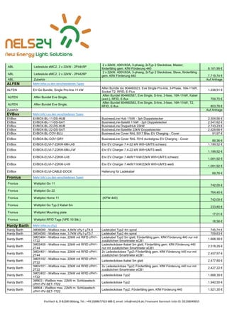 Pischlach 6, D-82389 Böbing, Tel.: +49 (0)8867/919 688 0, email: info@nels24.de; Finanzamt Garmisch UsSt-ID: DE238049655
ABL Ladesäule eMC2, 2 x 22kW - 2P4445P
2 x 22kW, 400V/63A, 3-phasig, 2xTyp 2 Steckdose, Master;
förderfähig gem. KfW Förderung 440 8.161,99 €
ABL Ladesäule eMC2, 2 x 22kW - 2P4426P
2 x 22kW, 400V/63A, 3-phasig, 2xTyp 2 Steckdose, Slave, förderfähig
gem. KfW Förderung 440 7.719,74 €
ABL Zubehör Auf Anfrage
ALFEN Mehr Infos zu den verscheiedenen Typen
ALFEN EV-Go Bundle, Single Pro-line 11 kW
Alfen Bundle Go 904460023, Eve SIngle Pro-line, 3-Phase, 16A-11kW,
Socket T2, RFID, E-Flux
1.338,51 €
ALFEN Alfen Bundel Eve Single,
Alfen Bundel 904460587, Eve Single, S-line, 3-fase, 16A-11kW, Kabel
(excl.), RFID, E-flux 709,70 €
ALFEN Alfen Bundel Eve Single,
Alfen Bundel 904460583, Eve Single, S-line, 3-fase, 16A-11kW, T2,
RFID, E-flux 803,78 €
Zubehör Auf Anfrage
EVBox Mehr Info`s zu den verschiedenen Typen
EVBox EVBOX-BL-11-DS-HUB BusinessLine Hub 11kW - 3ph Doppelstecker 2.504,56 €
EVBox EVBOX-BL-11-DS-SAT BusinessLine-Satellit 11kW - 3ph Doppelstecker 2.541,62 €
EVBox EVBOX-BL-22-DS-HUB BusinessLine DoppelHub 22kW 2.743,23 €
EVBox EVBOX-BL-22-DS-SAT BusinessLine-Satellite 22kW Doppelstecker 2.628,68 €
EVBox EVBOX-BL-COV-BLU BusinessLine Cover RAL 5017 Blau EV Charging - Cover 91,97 €
EVBox EVBOX-BL-COV-GRY BusinessLine Cover RAL 7016 dunkelgrau EV Charging - Cover
89,36 €
EVBox EVBOX-ELVI-7-22KW-6M-U-B Elvi EV Charger 7.4-22 kW Wifi+UMTS schwarz 1.199,52 €
EVBox EVBOX-ELVI-7-22KW-6M-U-W Elvi EV Charger 7.4-22 kW Wifi+UMTS weiß
1.199,52 €
EVBox EVBOX-ELVI-7-22KW-U-B Elvi EV Charger 7.4kW/11kW/22kW Wifi+UMTS schwarz
1.081,92 €
EVBox EVBOX-ELVI-7-22KW-U-W Elvi EV Charger 7.4kW/11kW/22kW Wifi+UMTS weiß
1.081,92 €
EVBox EVBOX-ELVI-CABLE-DOCK Halterung für Ladekabel
69,76 €
Fronius Mehr Info`s zu den verschiedenen Typen
Fronius Wattpilot Go 11
742,00 €
Fronius Wattpilot Go 22
764,40 €
Fronius Wattpilot Home 11 (KFW-440)
742,00 €
Fronius Wattpilot Go Typ 2 Kabel 5m
233,80 €
Fronius Wattpilot Mounting plate
17,01 €
Fronius Wattpilot RFID Tags (VPE 10 Stk.)
18,58 €
Hardy Barth Mehr Infos zu cPµ1
Hardy Barth 3M36000 - Wallbox max. 4,6kW cPµ1-µT4.6 Ladekabel Typ2 4m spiral 745,74 €
Hardy Barth 3M34000 - Wallbox max. 3,7kW cPµ1-µT3.7 Ladekabel Typ2 4m spiral 709,63 €
Hardy Barth
3M23404 - Wallbox max. 22kW mit RIFD cPH1-
1T22
Ladekabel Typ2 5m glatt; Förderfähig gem. KfW Förderung 440 nur mit
zusätzlichen Smartmeter eCB1
1.668,39 €
Hardy Barth
3M25405 - Wallbox max. 22kW mit RFID cPH1-
2T44
Ladesteckdose-/kabel 5m glatt; Förderfähig gem. KfW Förderung 440
nur mit zusätzlichen Smartmeter eCB1
2.518,29 €
Hardy Barth
3M24401 - Wallbox max. 22kW mit RFID cPH1-
2T44
2x Ladesteckdose Typ2; Förderfähig gem. KfW Förderung 440 nur mit
zusätzlichen Smartmeter eCB1
2.457,57 €
Hardy Barth
3M25102 - Wallbox max. 22kW mit RFID cPH1-
2T22
Ladesteckdose-/kabel 5m glatt 2.477,80 €
Hardy Barth
3M24101 - Wallbox max. 22kW mit RFID cPH1-
2T22
2x Ladesteckdose Typ2; Förderfähig gem. KfW Förderung 440 nur mit
zusätzlichen Smartmeter eCB1
2.427,22 €
Hardy Barth
3M22402 - Wallbox max. 22kW mit RFID cPH1-
1T22
Ladesteckdose Typ2 1.668,39 €
Hardy Barth
3M903 - Wallbox max. 22kW m. Schlüsselsch.
cPH1-PV-SET-1T22
Ladesteckdose Typ2 1.940,55 €
Hardy Barth
3M904 - Wallbox max. 22kW m. Schlüsselsch.
cPH1-PV-SET-1T22
Ladesteckdose Typ2; Förderfähig gem. KfW Förderung 440 1.921,35 €
 