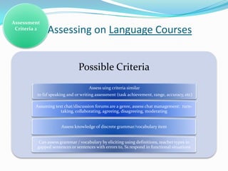Assessment
 Criteria 2
               Assessing on Language Courses


                               Possible Criteria
                                     Assess uing criteria similar
          to f2f speaking and or writing assessment (task achievement, range, accuracy, etc)

         Assuming text chat/discussion forums are a genre, assess chat management: turn-
                     taking, collaborating, agreeing, disagreeing, moderating


                      Assess knowledge of discrete grammar/vocabulary item


           Can assess grammar / vocabulary by eliciting using definitions, teacher types in
          gapped sentences or sentences with errors to, Ss respond in functional situations
 