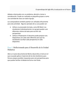 23
El aprendizaje del siglo XXI y la educación en el futuro
debates relacionados con un problema, decisión a tomar o
consideración. Puede ser realizado en pequeños grupos o como
una actividad de clase con todo el grupo.
Los computadores también podrían ser utilizados eficazmente
para esta actividad. Algunos ejemplos de su uso pueden ser:
 Utilizar un procesador de texto, como MS Word. Los
estudiantes (individualmente o en grupo) pueden usar
diferentes colores de texto para escribir seis
perspectivas.
 Utilizar el Powerpoint. El docente puede preparar seis
diapositivas con cada color diferente para que los
estudiantes escriban cada perspectiva en cada
diapositiva.
Paso 5. Reflexionando para el Desarrollo de la Unidad
Didáctica
Abre un nuevo documento de Word y desarrolla un tema en el
que se pueda aplicar el ejercicio de los Seis Sombreros para
Pensar, prepara posibles respuestas para seis perspectivas para
que puedas facilitar el debate de forma más fluida.
 