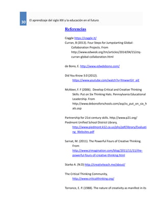 30
El aprendizaje del siglo XXI y la educación en el futuro
Referencias
Coggle https://coggle.it/
Curran, B (2013). Four Steps for Jumpstarting Global-
Collaboration Projects. From
http://www.edweek.org/tm/articles/2014/04/15/ctq-
curran-global-collaboration.html
de Bono, E. http://www.edwdebono.com/
Did You Know 3.0 (2012).
https://www.youtube.com/watch?v=YmwwrGV_aiE
McAleer, F. F (2006). Develop Critical and Creative Thinking
Skills: Put on Six Thinking Hats. Pennsylvania Educational
Leadership. From
http://www.debonoforschools.com/asp/ss_put_on_six_h
ats.asp
Partnership for 21st century skills. http://www.p21.org/
Piedmont Unified School District Library,
http://www.piedmont.k12.ca.us/phs/pdf/library/Evaluati
ng_Websites.pdf
Sarnat, M. (2011). The Powerful Fours of Creative Thinking.
From
http://www.jrimagination.com/blog/2011/11/11/the-
powerful-fours-of-creative-thinking.html
Starko A. (N.D) http://creativiteach.me/about/
The Critical Thinking Community,
http://www.criticalthinking.org/
Torrance, E. P. (1988). The nature of creativity as manifest in its
 
