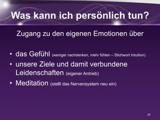 Was kann ich persönlich tun?
Zugang zu den eigenen Emotionen über
•  das Gefühl (weniger nachdenken, mehr fühlen – Stichwort Intuition)
•  unsere Ziele und damit verbundene
Leidenschaften (eigener Antrieb)
•  Meditation (stellt das Nervensystem neu ein)
20
 
