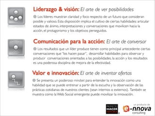 Liderazgo & visión: El arte de ver posibilidades
   Los líderes muestran claridad y foco respecto de un futuro que consideran
posible y valioso. Esta disposición implica el cultivo de ciertas habilidades: articular
estados de ánimo, interpretaciones y conversaciones que movilicen hacia la
acción, el protagonismo y los objetivos perseguidos.


Comunicación para la acción: El arte de conversar
   Los resultados que un líder produce tienen como principal antecedente ciertas
conversaciones que “los hacen pasar”, desarrollar habilidades para observar y
producir conversaciones orientadas a las posibilidades, la acción y los resultados
es una poderosa disciplina de mejora de la efectividad.

Valor e innovación: El arte de inventar ofertas
   Se presenta un poderoso mindset para entender la innovación como una
habilidad que se puede entrenar a partir de la escucha y la observación de las
prácticas cotidianas de nuestros clientes (sean internos o externos). También se
muestra como la Web Social emergente puede movilizar la innovación.

                                                                            un producto de
 