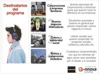 1
                                Jóvenes ejecutivos de
Destinatarios   Corporaciones
                              corporaciones o directivos
     del         y empresas
                  familiares  pyme que quieren hacer la
 programa                       diferencia en sus empresas.




                2  Nuevos        Estudiantes avanzados y
                   negocios       jóvenes en general que
                 innovadores    quieren emprender nuevos
                                    negocios e innovar.




                3  Cultura y       Líderes sociales que
                  solidaridad     quieren emprender en
                     social         proyectos sociales,
                                 solidarios, culturales, etc.




                4
                                Ciudadanos comprometidos
                   Política y     con que los intereses de
                 compromiso
                  ciudadano     algún sector sean atendidos
                                por el estado y la sociedad.

                                                   un producto de
 