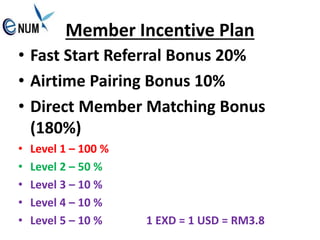 Member Incentive Plan
• Fast Start Referral Bonus 20%
• Airtime Pairing Bonus 10%
• Direct Member Matching Bonus
(180%)
• Level 1 – 100 %
• Level 2 – 50 %
• Level 3 – 10 %
• Level 4 – 10 %
• Level 5 – 10 % 1 EXD = 1 USD = RM3.8
 