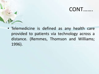 ADVANTAGES OF E – NURSINGIntegration of information, communication and technology.Improved information and knowledge in the nursing practice.Human resource planning will be facilitated.New models of nursing practice and health services delivery will be supported.Nursing group will be well connected.Improves the quality of nursing work environments.Contribution to the global community of nursing.