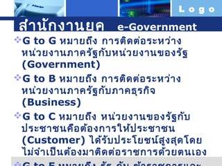 L o g o

สำำ นัก งำนยุค

e-Government
G to G หมำยถึง กำรติด ต่อ ระหว่ำ ง
หน่ว ยงำนภำครัฐ กับ หน่ว ยงำนของรัฐ
(Government)
G to B หมำยถึง กำรติด ต่อ ระหว่ำ ง
หน่ว ยงำนภำครัฐ กับ ภำคธุร กิจ
(Business)
G to C หมำยถึง หน่ว ยงำนของรัฐ กับ
ประชำชนคือ ต้อ งกำรให้ป ระชำชน
(Customer) ได้ร ับ ประโยชน์ส ง สุด โดย
ู
ไม่จ ำำ เป็น ต้อ งมำติด ต่อ รำชกำรด้ว ยตนเอง

 