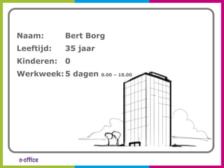 Naam:       Bert Borg
Leeftijd:   35 jaar
Kinderen:   0
Werkweek: 5 dagen     8.00 – 18.00
 