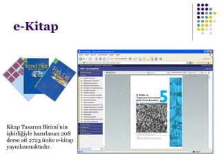 e-Kitap
Kitap Tasarım Birimi’nin
işbirliğiyle hazırlanan 208
derse ait 2723 ünite e-kitap
yayınlanmaktadır.
 