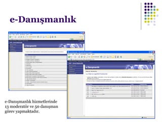 e-Danışmanlık
e-Danışmanlık hizmetlerinde
13 moderatör ve 50 danışman
görev yapmaktadır.
 