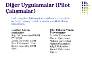 Diğer Uygulamalar (Pilot
Çalışmalar)
Pilot Çalışma Yapan
Üniversiteler
İstanbul Üniversitesi
Harran Üniversitesi
Akdeniz Üniversitesi
Atatürk Üniversitesi
Selçuk Üniversitesi
Kocaeli Üniversitesi
Diğer…
Uzaktan eğitime ilgi duyan üniversitelerde uzaktan eğitim
merkezleri açılmış ve pilot çalışmalar gerçekleştirilmeye
başlanmıştır.
Uzaktan Eğitim
Merkezleri
Boğaziçi Üniversitesi UZEM
İTÜ UZEM
Ankara Üniversitesi UZEM
Fırat Üniversitesi UZEM
Kocaeli Üniversitesi UZEM
Diğer…
 