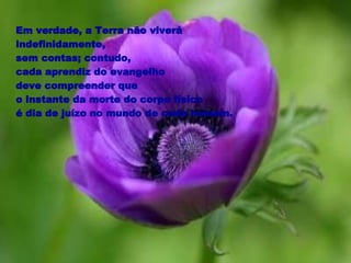 Em verdade, a Terra não viverá  indefinidamente,  sem contas; contudo,  cada aprendiz do evangelho  deve compreender que  o instante da morte do corpo físico  é dia de juízo no mundo de cada homem.  