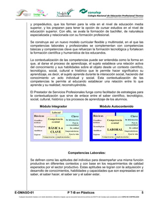 y propedéutico, que los formen para la vida en el nivel de educación media
                  superior, y los preparen para tener la opción de cursar estudios en el nivel de
                  educación superior. Con ello, se avala la formación de bachiller, de naturaleza
                  especializada y relacionada con su formación profesional.

                  Se construye así un nuevo modelo curricular flexible y multimodal, en el que las
                  competencias laborales y profesionales se complementan con competencias
                  básicas y competencias clave que refuerzan la formación tecnológica y fortalecen
                  la formación científica y humanística de los educandos.

                  La contextualización de las competencias puede ser entendida como la forma en
                  que, al darse el proceso de aprendizaje, el sujeto establece una relación activa
                  del conocimiento y sus habilidades sobre el objeto desde un contexto científico,
                  tecnológico, social, cultural e histórico que le permite hacer significativo su
                  aprendizaje, es decir, el sujeto aprende durante la interacción social, haciendo del
                  conocimiento un acto individual y social. Esta contextualización de las
                  competencias le permite al educando establecer una relación entre lo que
                  aprende y su realidad, reconstruyéndola.

                  El Prestador de Servicios Profesionales funge como facilitador de estrategias para
                  la contextualización que sirve de enlace entre el saber científico, tecnológico,
                  social, cultural, histórico y los procesos de aprendizaje de los alumnos.

                                 Módulo Integrador                                                                         Módulo Autocontenido
                                                     Labo ral
                        Bás ic as                                                Clave                        Bás ic as                                                Clave
                                               Co mpe te nc ia          De Info rmac ió n                     Cie ntífic o -         Co mpe te nc ia          De Info rmac ió n
                        Cie ntífic o -
                        te ó ric as               c e ntral                       Para la                     te ó ric as               c e ntral                       Para la
                                                                        s us te ntabilidad                                                                    s us te ntabilidad
                        Te c no ló g ic as                                                                    Te c no ló g ic as
                                                BÁS ICA o                       De c alidad
                                                                                                                                      LABORAL
                                                                                                                                                                      De c alidad
                        Analític as                                                                           Analític as
                                                 CLAVE                 Empre nde do ras                                                                      Empre nde do ras

                        Ló g ic as                                          Para la vida                      Ló g ic as                                          Para la vida
                                         Co mpe te nc ias c o mple me ntarias                                                  Co mpe te nc ias c o mple me ntarias




                                                                          Competencias Laborales:

                  Se definen como las aptitudes del individuo para desempeñar una misma función
                  productiva en diferentes contextos y con base en los requerimientos de calidad
                  esperados por el sector productivo. Estas aptitudes se logran con la adquisición y
                  desarrollo de conocimientos, habilidades y capacidades que son expresadas en el
                  saber, el saber hacer, el saber ser y el saber estar.




E-OMASO-01                                                                P T-B en Plásticos                                                                                         5
  Cualquier documento impreso o en medio electrónico, diferente al original, que se encuentre fuera de los archivos de DDCFO del Conalep será considerado como COPIA NO CONTROLADA
 