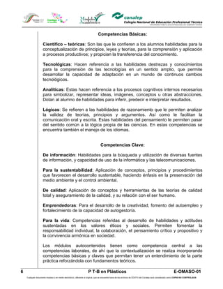 Competencias Básicas:

                    Científico – teóricas: Son las que le confieren a los alumnos habilidades para la
                    conceptualización de principios, leyes y teorías, para la comprensión y aplicación
                    a procesos productivos; y propician la transferencia del conocimiento.

                    Tecnológicas: Hacen referencia a las habilidades destrezas y conocimientos
                    para la comprensión de las tecnologías en un sentido amplio, que permite
                    desarrollar la capacidad de adaptación en un mundo de continuos cambios
                    tecnológicos.

                    Analíticas: Estas hacen referencia a los procesos cognitivos internos necesarios
                    para simbolizar, representar ideas, imágenes, conceptos u otras abstracciones.
                    Dotan al alumno de habilidades para inferir, predecir e interpretar resultados.

                    Lógicas: Se refieren a las habilidades de razonamiento que le permiten analizar
                    la validez de teorías, principios y argumentos. Así como le facilitan la
                    comunicación oral y escrita. Estas habilidades del pensamiento le permiten pasar
                    del sentido común a la lógica propia de las ciencias. En estas competencias se
                    encuentra también el manejo de los idiomas.


                                                                                Competencias Clave:

                    De información: Habilidades para la búsqueda y utilización de diversas fuentes
                    de información, y capacidad de uso de la informática y las telecomunicaciones.

                    Para la sustentabilidad: Aplicación de conceptos, principios y procedimientos
                    que favorecen el desarrollo sustentable, haciendo énfasis en la preservación del
                    medio ambiente y el control ambiental.

                    De calidad: Aplicación de conceptos y herramientas de las teorías de calidad
                    total y aseguramiento de la calidad, y su relación con el ser humano.

                    Emprendedoras: Para el desarrollo de la creatividad, fomento del autoempleo y
                    fortalecimiento de la capacidad de autogestoría.

                    Para la vida: Competencias referidas al desarrollo de habilidades y actitudes
                    sustentadas en los valores éticos y sociales. Permiten fomentar la
                    responsabilidad individual, la colaboración, el pensamiento crítico y propositivo y
                    la convivencia armónica en sociedad.

                    Los módulos autocontenidos tienen como competencia central a las
                    competencias laborales, de ahí que la contextualización se realiza incorporando
                    competencias básicas y claves que permitan tener un entendimiento de la parte
                    práctica reforzándola con fundamentos teóricos.

6                                                                  P T-B en Plásticos                                                                       E-OMASO-01
    Cualquier documento impreso o en medio electrónico, diferente al original, que se encuentre fuera de los archivos de DDCFO del Conalep será considerado como COPIA NO CONTROLADA
 