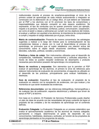 institucionales durante el proceso de enseñanza-aprendizaje al inicio de la
                   primera unidad de aprendizaje de cada módulo autocontenido o integrador se
                   comenzará con la elaboración de un código ético, el cual deberá ser redactado
                   por el PSP y los alumnos con el fin promover los tipos de compromisos y
                   responsabilidades que deberán compartir en este espacio académico. Se
                   expresarán, el tipo de conductas que se quieren promover como por ejemplo,
                   respeto a la persona, honestidad, confianza, justicia, comunicación, cooperación,
                   así como el asistir a clases y esforzarse por cumplir con los objetivos del módulo,
                   el evaluar y calificar con equidad a los alumnos, la importancia de comprometerse
                   a cumplir y respetar el código elaborado por el grupo, entre otros.

                   Matriz de contextualización: Presenta de manera concentrada, las estrategias
                   sugeridas a realizar a lo largo del módulo para la contextualización de las
                   competencias básicas y claves con lo cual al desarrollarse el proceso de
                   aprendizaje, se promueve que el sujeto establezca una relación activa del
                   conocimiento sobre el objeto desde situaciones científicas, tecnológicas,
                   laborales, culturales, políticas, sociales y económicas.

                   Prácticas y listas de cotejo: Son instrumentos utilizados para el desarrollo de
                   competencias, habilidades, destrezas, conocimientos y actitudes adquiridos. A
                   través de éstas se pueden recopilar evidencias de desempeño o producto
                   necesarias para demostrar posesión del aprendizaje o la competencia.

                   Banco de reactivos y respuestas: Son elementos que le permiten al PSP
                   evaluar el aprendizaje de los alumnos, el primero le sirve de referencia para
                   elaborar instrumentos de evaluación de conocimientos; el segundo es utilizado en
                   el desarrollo de las prácticas, principalmente para evaluar habilidades y
                   destrezas.

                   Guía de evaluación: Especifica el tipo de evaluación, el propósito de la
                   evaluación en relación con la recopilación de evidencias, con que evaluar y los
                   momentos en que serán recabadas las evidencias.

                   Referencias documentales: son las referencias bibliográficas, hemerográficas o
                   de cualquier tipo de publicación, espacios electrónicos y software que sirven de
                   apoyo al PSP y al alumno.

                   Con base en lo anterior, El Prestador de Servicios Profesionales puede diseñar
                   un plan de clase de acuerdo con las necesidades del grupo cuidando de lograr el
                   propósito de las unidades y de los resultados de aprendizaje con el contenido
                   definido.

        Evaluación Colegiada: La Evaluación Colegiada es un proceso sistemático que
        evalúa el aprovechamiento académico de los alumnos de manera colegiada,
        permanente e integral, determinando el grado de desarrollo de sus
        conocimientos, habilidades, destrezas y actitudes, en función de los propósitos de
        aprendizaje planteados en los programas de estudio.
E-OMASO-01                        P T-B en Plásticos                                    11
   Cualquier documento impreso o en medio electrónico, diferente al original, que se encuentre fuera de los archivos de DDCFO del Conalep será considerado como COPIA NO CONTROLADA
 