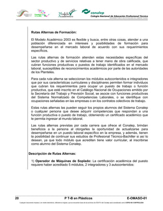 Rutas Alternas de Formación:

                     El Modelo Académico 2003 es flexible y busca, entre otras cosas, atender a una
                     población diferenciada en intereses y posibilidades de formación para
                     desempeñarse en el mercado laboral de acuerdo con sus requerimientos
                     específicos.

                     Las rutas alternas de formación atienden estas necesidades específicas del
                     sector productivo y de servicios relativas a tener mano de obra calificada, que
                     cubran funciones productivas o puestos de trabajo identificados en el mercado
                     laboral, susceptibles de reconocimientos académicos por parte de las autoridades
                     de los Planteles.

                     Para cada ruta alterna se seleccionan los módulos autocontenidos e integradores
                     que por sus características curriculares y disciplinares permiten formar individuos
                     que cubran los requerimientos para ocupar un puesto de trabajo o función
                     productiva, que esté inscrito en el Catálogo Nacional de Ocupaciones emitido por
                     la Secretaría del Trabajo y Previsión Social, se asocie con funciones productivas
                     del Sistema Normalizado de Competencias Laborales, o se identifique con
                     ocupaciones señaladas en las empresas o en los contratos colectivos de trabajo.

                     Estas rutas alternas las pueden seguir los propios alumnos del Sistema Conalep
                     o cualquier persona que desee adquirir competencias que respondan a una
                     función productiva o puesto de trabajo, obteniendo un certificado académico que
                     le permita ingresar al mundo laboral.

                     Las rutas alternas previstas por cada carrera que ofrece el Conalep, brindan
                     beneficios a la persona al otorgarles la oportunidad de actualizarse para
                     desempeñarse en un puesto laboral específico en la empresa, y además, tienen
                     la posibilidad de continuar sus estudios de Profesional Técnico-Bachiller si así lo
                     desean, ya que todo módulo que acrediten tiene valor curricular, al inscribirse
                     como alumno del Sistema Conalep.


                 Descripción de Rutas Alternas:

                     1) Operador de Máquinas de Soplado: La certificación académica del puesto
                     requiere haber acreditado 5 módulos, 2 integradores y 3 autocontenidos:




20                                                                  P T-B en Plásticos                                                                       E-OMASO-01
     Cualquier documento impreso o en medio electrónico, diferente al original, que se encuentre fuera de los archivos de DDCFO del Conalep será considerado como COPIA NO CONTROLADA
 