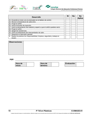 Si            No            No
                                                          Desarrollo
                                                                                                                                                                              Aplica
23.   Encendió el motor con el arrancador en el tablero de control.
24.   Revisó la temperatura de cada zona.
25.   Purgó el cañón.
26.   Inició el proceso de inyección.
27.   Cerró la alimentación del material y esperó a que el cañón quedara vacío.
28.   Purgó el cañón.
29.   Apagó las resistencias.
30.   Cerró el enfriamiento del intercambiador de calor.
31.   Desactivó el interruptor general.
     Realizó la práctica con responsabilidad, limpieza, seguridad y trabajo en
      equipo.

Observaciones:




 PSP:

                 Hora de                                                        Hora de                                                        Evaluación:
                 inicio:                                                        término:




72                                                                  P T-B en Plásticos                                                                         E-OMASO-01
     Cualquier documento impreso o en medio electrónico, diferente al original, que se encuentre fuera de los archivos de DDCFO del Conalep será considerado como COPIA NO CONTROLADA
 