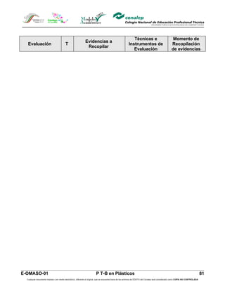 Técnicas e                                Momento de
                                                             Evidencias a
   Evaluación                            T                                                                Instrumentos de                             Recopilación
                                                              Recopilar
                                                                                                             Evaluación                               de evidencias




E-OMASO-01                                                               P T-B en Plásticos                                                                                          81
  Cualquier documento impreso o en medio electrónico, diferente al original, que se encuentre fuera de los archivos de DDCFO del Conalep será considerado como COPIA NO CONTROLADA
 
