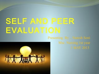 SELF AND PEER
EVALUATION
Presenting By .. Naresh Soni
Msc. Nursing 1st year
1 MAY 2013
 