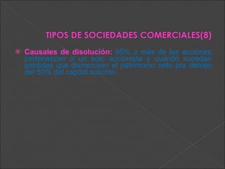 Causales de disolución:   95% o más de las acciones pertenezcan a un solo accionista y cuando sucedan perdidas que disminuyan el patrimonio neto por debajo del 50% del capital suscrito. 