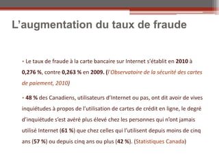 L’augmentation du taux de fraude


 • Le taux de fraude à la carte bancaire sur Internet s'établit en 2010 à
 0,276 %, contre 0,263 % en 2009. (l'Observatoire de la sécurité des cartes
 de paiement, 2010)

 • 48 % des Canadiens, utilisateurs d’Internet ou pas, ont dit avoir de vives
 inquiétudes à propos de l’utilisation de cartes de crédit en ligne, le degré
 d’inquiétude s’est avéré plus élevé chez les personnes qui n’ont jamais
 utilisé Internet (61 %) que chez celles qui l’utilisent depuis moins de cinq
 ans (57 %) ou depuis cinq ans ou plus (42 %). (Statistiques Canada)
 