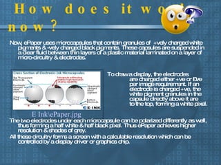 How does it work now? Now, ePaper uses microcapsules that contain granules of  +vely charged white pigments & -vely charged black pigments. These capsules are suspended in a clear fluid between thin layers of a plastic material laminated on a layer of micro-circuitry & electrodes.        To draw a display, the electrodes    are charged either +ve or –ve as    per image requirement. If an    electrode is charged +ve, the +ve    white pigment granules in the    capsule directly above it are pushed    to the top, forming a white pixel.   The two electrodes under each microcapsule can be polarized differently as well, thus forming a half white & half black pixel. Thus ePaper achieves higher resolution & shades of grey.  All these circuitry forms a screen with a calculable resolution which can be controlled by a display driver or graphics chip. E Ink\ePaper.jpg 