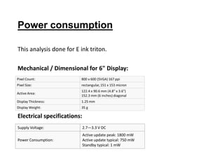Power consumption
This analysis done for E ink triton.
Mechanical / Dimensional for 6" Display:
Electrical specifications:
Supply Voltage: 2.7—3.3 V DC
Power Consumption:
Active update peak: 1800 mW
Active update typical: 750 mW
Standby typical: 1 mW
 