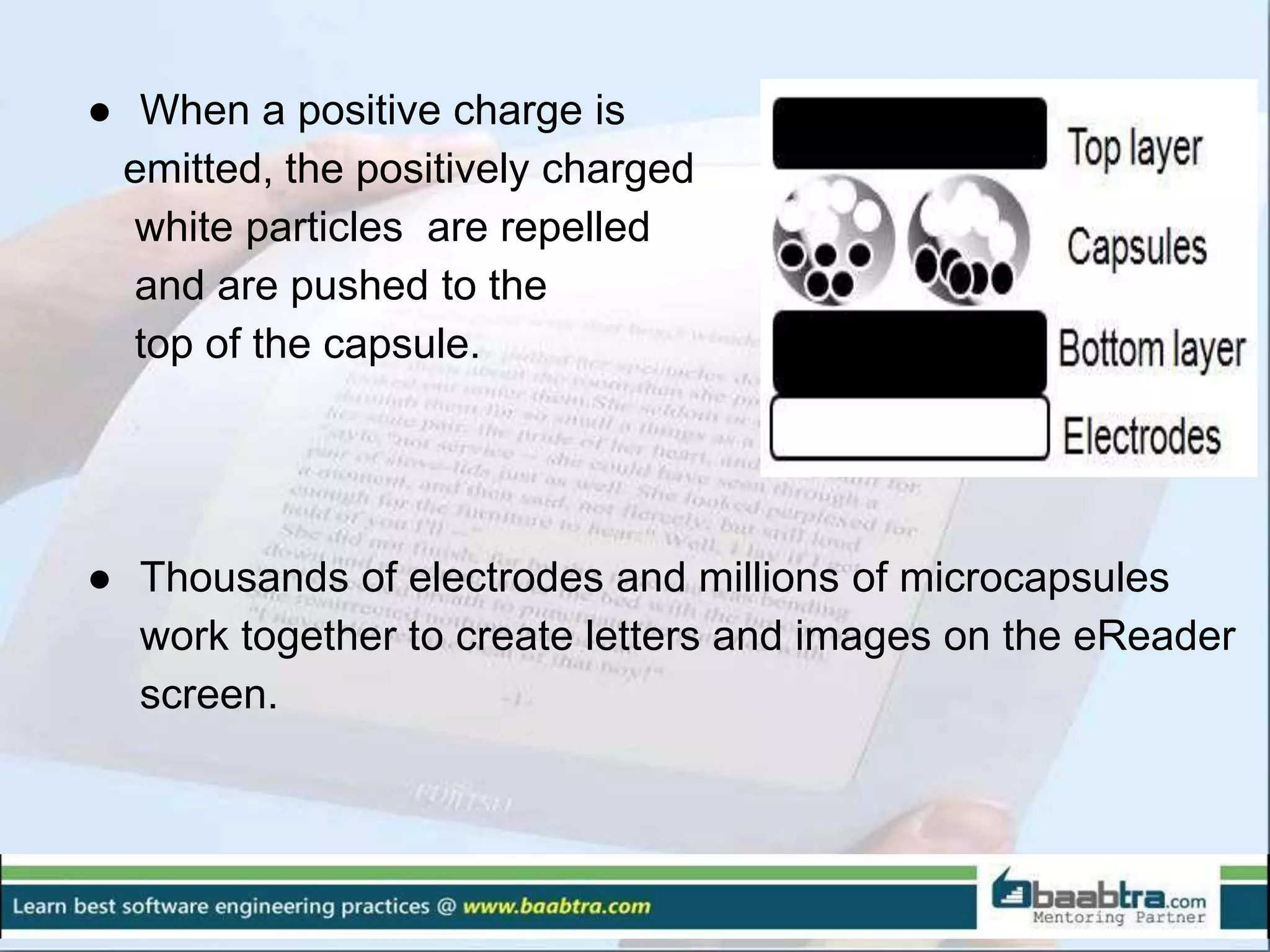 ● When a positive charge is
emitted, the positively charged
white particles are repelled
and are pushed to the
top of the capsule.
● Thousands of electrodes and millions of microcapsules
work together to create letters and images on the eReader
screen.
 