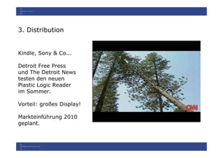 3. Distribution


Kindle, Sony & Co...

Detroit Free Press
und The Detroit News
testen den neuen
Plastic Logic Reader
im Sommer.

Vorteil: großes Display!

Markteinführung 2010
geplant.
 