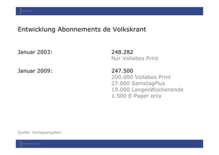 Entwicklung Abonnements de Volkskrant


Januar 2003:              248.282
                          Nur Vollabos Print

Januar 2009:              247.500
                          200.000 Vollabos Print
                          27.000 SamstagPlus
                          19.000 LangesWochenende
                          1.500 E-Paper only




Quelle: Verlagsangaben
 