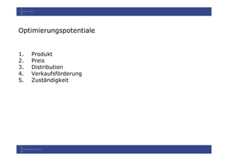 Optimierungspotentiale


1.   Produkt
2.   Preis
3.   Distribution
4.   Verkaufsförderung
5.   Zuständigkeit
 