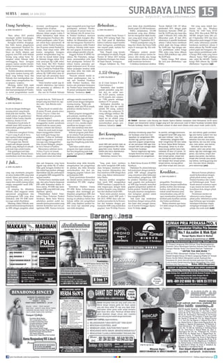 15surya.co.id | surabaya.tribunnews.com
SURABAYALINES| JUMAT, 14 JUNI 2013
Baru tahun 2012 pemkot
mendapat sedikit keuntungan,
sekitar Rp 527 juta, kata Eddi.
Kerugian tersebut, diungkap-
kan Eddi, karena pengeluaran
biaya operasional Terminal Pu-
rabaya cukup besar. Mulai dari
biaya air, listrik, telepon, gaji
pegawai non-PNS, serta belanja
barang yang cukup besar. Se-
dangkan untuk Sidoarjo tidak
menanggung biaya kerugian
apapun, karena mereka menda-
patkan keuntungan bersih sebe-
sar 30 persen.
Kondisi demikian sebetulnya
yang kami rasakan kurang adil.
Kami yang bekerja keras dan
Sidoarjo ikut mendapatkan ma-
sukan tanpa mengeluarkan bia-
ya apapun, ucapnya.
Memang, diakui Eddi, sejak
tahun 1991 sebanyak 50 persen
dari hasil pendapatan di Puraba-
ya untuk pengembalian modal
investasi pembangunan yang
ditarget lunas 10 tahun.
Namun modal investasi bisa
dilunasi dalam jangka waktu 8
tahun. Selanjutnya sejak tahun
1998 pendapatan Purabaya dila-
kukan pembagian, yakni 30 per-
sen untuk biaya operasional, 40
persen untuk Pemkot Surabaya,
dan 30 persen untuk Pemkab Si-
doarjo. Akan tetapi mulai 2008
karena mengalami kerugian,
pemkot menghentikan bagi ha-
sil dan itu masuk dalam utang
ke Sidoarjo hingga tahun 2012,
total mencapai Rp 6,288 miliar.
Pada bulan Mei 2012 Pemkot
membayar bagi hasil pendapat-
an Rp 1,2 miliar ke Pemkab Sido-
arjo. Sisa pembayaran ganti rugi
sebesar Rp 5,088 miliar akan di-
lunasi tapi ada persoalan dasar
hukum penerimaan di Pemkab
Sidoarjo.
Dana tersebut sudah siap di-
transfer sebetulnya, tapi karena
ada persoalan ya akhirnya di-
tunda, ucap Eddi.
Jika saat ini Pemkab Sidoarjo
ingin mengubah porsi bagi hasil
pendapatan terminal Puraba-
ya menjadi 20 persen bruto un-
tuk Sidoarjo dan 80 persen bru-
to Pemkot Surabaya, menurut
Eddi, jelas tidak mungkin dika-
bulkan. Ini dikarenakan aset ta-
nah dan bangunan Terminal Pu-
rabaya semuanya milik Pemkot
Surabaya. Sidoarjo tidak memi-
liki aset apapun di terminal itu,
selain sebagai pemilik wilayah.
Anggota Komisi B DPRD Su-
rabaya, Rio Patiselano, menga-
takan, permasalahan pola bagi
hasil pendapatan Terminal Pu-
rabaya karena persoalan per-
janjian kerjasama awal. Di mana
dalam perjanjian tersebut tidak
ada batas akhir dan tidak ada
penentuan investasi.
Ternyata seluruh modal in-
vestasi pembangunan dan ta-
nah aset Terminal Purabaya
milik Pemkot Surabaya. Dan
karena ada perjanjian kerjasama
itu Pemkot harus menyerahkan
30 persen pendapatan bersih ke
Sidoarjo, tandasnya .	(aru)
tanah KBS oleh pemkot tidak se-
perti mengeksekusi PKL (Peda-
gang Kaki Lima). Kasihan satwa
koleksi jika harus diperlakukan
kasar nantinya, ucapnya.
Sebetulnya, menurut Toni,
pihaknya mendukung upaya Pem-
kot Surabaya untuk bisa men-
dapatkan izin pengelolaan KBS.
Terlebih lagi, pemkot memiliki
sejumlah program pengembang-
an dan perluasan KBS agar bisa
menjadi lebih baik sebagai objek
wisata Kota Surabaya.
Namun bagaimana lagi kalau
ternyata Kemenhut belum juga
mengeluarkan izin pengelolaan
pengadilan. Penyelesaian
perkaranya dengan melibatkan
pelaku, korban atau keluarga
korban, dan pihak lain yang
terkait untuk bersama-sama
menyelesaikan yang adil de-
ngan menekankan pemulihan
kembali pada keadilan semula,
dan bukan pembalasan.
Beliau meminta agar kasus
NA tidak sampai ke pengadil-
an, katanya.
Menurut Farman pihaknya
masih berkoordinasi dengan
pihak-pihak terkait, seperti
Pemkot Surabaya dan Lemba-
ga Perlindungan anak. Kami
masih mencari solusinya seper-
ti apa, karena itu kami masih
koordinasi dulu dengan pihak
lain, jelasnya.
Permintaan menteri ini
sebenarnya sama dengan
pihak polisi. Sebelumnya polisi
juga berharap agar tersangka
mendapat hukuman ringan,
mengingat tersangka masih
pelajar dan anak-anak.	(ook)		
bocah ini dengan bimbingan
seorang tentor yang berada
tidak jauh dari mereka. Satu
sudah selesai, ini gambarnya,
tunjuk Celine Louisa, kepada
tentornya, Kamis (13/6).
Selanjutnya bocah kelas II
sekolah dasar (SD) swasta ini
meneruskan gambar-gambar
pola pakaian.
Celine baru mengikuti Holiday
Program yang di ada di Arva,
tapi rupanya bakat menggam-
barnya sudah cukup baik.
Di ruangan lain, Brenda
tengah asih dengan pernak-
pernik yang ditempel di sebuah
pola kain baju untuk boneka.
Pola guntingan kain baju
sudah disiapkan, Brenda hanya
memberikan motif dan akseso-
ris pada kain itu. Sulit harus di
tempel yang kecil-kecil ini, tapi
aku suka, kata Brenda malu-
malu.
Kedua bocah ini adalah dua
di antara 50 anak peserta siswa
Holiday Program. Celine dan
Brenda adalah siswa peserta
program tingkat I.
Di dalam materi tersebut, ada
menggambar model, mendesain
busana baik itu casual, party,
dresses, costume dan lainnya.
Selain itu anak-anak ini juga
diajari menggambar tekstur
kain motif garis bunga dan
polkadot. Celine ini berbakat
sekali menggambar, di rumah-
nya juga suka menggambar,
Jelas Aryani Widagdo, pimpin-
an Arva School of Fashion.
Menurutnya sebelum siswa
Holiday Program ini masuk
kelas, sudah ada tahap-tahap
pendekatan minat dan bakat
sehingga mereka masuk kelas
sudah sesuai dengan keinginan
masing-masing. Tanpa ada
tekanan, tidak ada PR di rumah,
pokoknya mereka harus fun,
paparnya.
Selain program menggambar
pola pakaian, membuat akse-
soris pada baju, juga ada kelas
untuk menjahit. Ada juga fun
sewing for teens, mereka diajari
membuat tas dengan creative
fabric dan membuat mini skirt
dari bahan katun, kata Aryani.
Seluruh program pada libur-
an ini selama 8 kali pertemuan.
Berikutnya bila ingin melanjut-
kan ke level lebih atas mereka
juga bisa bergabung pada kelas
reguler.
Jadi kalau sudah selesai
program dan ingin melanjut-
kan bisa bergabung pada kelas
reguler, pungkasnya.	(wiwit
purwanto)		
Beri Kesempatan...
DARI HALAMAN 9■
Keadilan...
DARI HALAMAN 9■
Utang Surabaya...
DARI HALAMAN 9■
Sulitnya...
DARI HALAMAN 9■
yang siap membantu pengada-
an satwa koleksi KBS yang tidak
masuk dalam persyaratan kon-
servasi. Yang jelas, semua per-
siapan kini sudah matang dalam
rangka mengambil tanah KBS,
ucap Widodo.
Di samping itu, dikatakan
Widodo, dana anggaran untuk
operasional pengelolaan dan
pembangunan KBS yang akan
dilakukan oleh PD KBS nanti-
nya juga sudah disediakan.
Memang, diakui Widodo, sem-
patadainformasidariperkumpul-
an KBS sebagai pengelola untuk
nilai aset bangunan yang harus
diganti rugi senilai Rp 10 miliar.
Nilai ganti kerugian tersebut ter-
lalu mahal bagi pemkot, sehingga
dipersilakan saja jika perkumpul-
an pengelola KBS mengambil ba-
ngunan tersebut.
Pemkot hanya meminta tanah
saja, dan satwa beserta bangunan
KBS milik Kemenhut silakan di-
bawa semua. PD KBS siap mem-
bangun KBS yang lebih baik yang
diperluas, ujarnya.
Ditambahkan Kabid Peter-
nakan Dinas Pertanian Pemkot
Surabaya, Meita Irene Wowor,
sebetulnya pemkot sudah me-
menuhi semua persyaratan yang
diminta Kemenhut soal izin pe-
ngelolaan KBS. Namun ternyata
Kemenhut tetap tidak bersedia
mengeluarkan izin pengelolaan
ke pemkot, jika tidak bersedia
menyelesaikan dan ikut me-
nanggung gugatan hukum dari
perkumpulan KBS.
Tentu permintaan Kemenhut
itu ditolak karena nantinya bisa
membebani PD KBS, ungkap-
nya.
Sementara Direktur Utama
PD KBS, Ratna Achjuningrum,
mengaku akan menunggu pe-
limpahan pengelolaan KBS dari
Pemkot Surabaya. Meskipun se-
karang ini pihaknya belum bisa
bekerja akibat izin pengelolaan
KBS yang diajukan pemkot be-
lum turun tapi sejumlah prog-
ram telah disiapkan.
Yang pasti, kami nantinya
jika resmi mengelola KBS maka
akan berupaya membuat bina-
tang nyaman ditempatnya dan
bisa membawa KBS sebagai ikon
kota yang diakui internasional,
tutur Ratna.
Rencana pemkot mengekse-
kusi tanah KBS mengejutkan
DPRD Surabaya. Langkah itu di-
nilai tergesa-gesa dengan tidak
melihat dampak yang ditimbul-
kan dari eksekusi tanah KBS.
Kami minta pemkot menun-
da eksekusi tanah KBS pada 1
Juli 2013, DPRD akan coba me-
mediasi persoalan itu ke Kemen-
hut dan bertemu dengan per-
kumpulan KBS yang melakukan
gugatan, kata Tri Setijo Puruwi-
to, Wakil Ketua Komisi B DPRD
Surabaya.
DijelaskanTri,dalambeberapa
kali pertemuan dengan perkum-
pulan KBS sebagai pengelola
yang umumnya tidak keberatan
menyerahkan pengelolaan KBS
ke pemkot. Demikian juga de-
ngan gugatan dari perkumpul-
an KBS juga bersedia mencabut
gugatan pengelolaan apabila di-
kelola pemkot. Terlebih, Kemen-
hut pada dasarnya mengakomo-
dasi keinginan pemkot untuk
bisa mengelola KBS.
Jadi kami siap melakukan
koordinasi dengan semua pihak,
dan kami akan panggil semua-
nya di komisi B minggu depan,
tutur Tri Setijo.	(aru)
1 Juli...
DARI HALAMAN 9■
SURYA/HABIBUR ROHMAN
40 TAHUN - Seniman Lukis Nunung dan Novelis Syahrul Bahtiar merayakan Ultah Perkawinan ke-40 tahun
dengan cara berpameran lukisan tunggal yang ke-6 dan peluncuran novel di Galeri Surabaya kompleks Balai
Pemuda Surabaya, Kamis (13/6). Pameran Lukisan ini akan resmi dibuka untuk umum mulai Jumat (14/6).
tersebut adalah Perda Nomor 9
Tahun 2010 tentang Pajak Dae-
rah. Pada pasal 66 dijelaskan,
bahwa Gubernur dapat membe-
rikan keringanan, pembebasan,
dan insentif pajak, melalui Per-
aturan Gubernur.
Nah, Pergub yang menda-
sari kebijakan ini adalah, Pergub
Nomor 42 Tahun 2013 tentang
Pemberian Keringan dan Insen-
tif Pajak Daerah, terangnya.
Dengan kebijakan itu, Pem-
prov Jatim akan membebaskan
denda pajak 221.000 kendaraan.
Bobby menjelaskan, 221.000
kendaraan yang akan dibebas-
kan itu merupakan objek kenda-
raan yang jatuh tempo pada 17
Juni hingga 17 September 2013.
“Potensi pendapatan yang hi-
lang dari denda dan beaya balik
nama II mencapai Rp 38,4 mili-
ar,” ujar.
Hilangnya potensi penda-
patan, salah satunya karena be-
sarnya nilai denda atau bunga
yang mestinya dibayar oleh pe-
milik kendaraan bermotor.
Contohnya kendaraan minibus
Toyota Alphard 2.4G AT tahun
pembuatan 2011, dengan pajak
kendaraan bermotor (PKB) po-
kok Rp 10,035 juta dan masa laku
pajak 3 Februari 2012, maka jika
dibayarkan pada 20 Juni 2013,
seharusnya si pemilik kendaraan
selama 2 tahun harus membayar
pokok pajak dan bunga sebesar
Rp 23,682 juta. Tapi dengan ada-
nya pembebasan sanksi bunga
PKB, maka yang harus dibayar
hanya PKB pokoknya saja, yakni
Rp 20,070 juta.
“Sanksi bunga PKB sebesar
Rp 3,612 juta dibebaskan,” ujar
Bobby.
Hal yang sama terjadi ken-
daraan roda dua. Misalnya
Honda NC 110D Vario JF11E
tahun 2010. Jika pokok PKB Rp
160.500, dengan masa laku pa-
jak 8 September 2010 dan baru
dibayarkan pada tanggal 10 Juni
2013, maka seharusnya pemilik
kendaraan membayar selama 4
tahun sebesar Rp 764.000 untuk
pokok pajak dan bunganya. De-
ngan adanya pembebasan sank-
si bunga PKB, maka yang harus
dibayar hanya PKB pokoknya
saja, yakni Rp 642.000. “Sanksi
bunga PKB sebesar Rp 122.000
dibebaskan,” tegasnya.	(uji)
an di Unair kampus B dan
Unair kampus C
Sementara data terakhir
jumlah pendaftar yang ber-
hak ikut tes untuk sain-
tek 16.525 peserta, soshum
14.118 peserta dan campur-
an: 7.068 peserta sehingga
totalnya 37.711 peserta.
Sedangkan pendaftar yg
tidak dapat ikut tes untuk
saintek 100 orang, soshum
136 orang dan campuran 70
orang sehingga totalnya 306
orang. Mereka yang tidak
dapat tes ini adalah yang
sudah membayar tapi tidak
menyelesaikan proses pen-
daftaran,tukasnya .	(uus)
Bebaskan...
DARI HALAMAN 9■
ke pemkot, sehingga berencana
mengambil tanah KBS yang men-
jadi aset miliknya, tutur Toni.
Sebelumhya, pengelola KBS
telah mengirimkan 80 ekor satwa
ke Taman Satwa Mirah Fantasia
Banyuwangi. Satwa itu di anta-
ranya burung pelikan kaca mata
sebanyak 30 ekor (15 jantan, 15
betina), burung jalak bali delapan
ekor (empat jantan, empat beti-
na), burung ibis putih kepala hi-
tam delapan ekor (empat jantan,
empat betina), burung pethuk
padi hitam empat ekor (dua jan-
tan, dua betina), gajah sumatera
tiga ekor betina, kudanil mini dua
ekor (satu jantan, satu betina),
bekantan lima ekor (dua jantan,
tiga betina), dan dua ekor orang
utan, (satu jantan, satu betina).
Kemudian dua ekor kera
sulawesi, yakni satu jantan satu
betina, tiga ekor sitatungga (satu
jantan, dua betina), empat ekor
iguana (dua jantan, dua betina),
empat ekor komodo (dua jantan,
dua betina), kambing gunung ana-
kan, lima ekor belum diketahui
jenis kelaminnya.	(aru)
3.351 Orang...
DARI HALAMAN 9■
join facebook.com/suryaonline follow @portalsurya
 