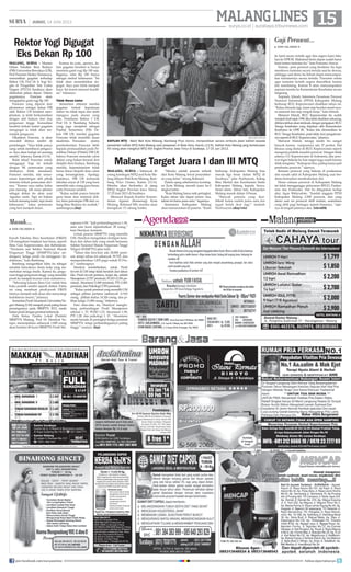 surya.co.id | surabaya.tribunnews.com
MALANGLINES| JUMAT, 14 JUNI 2013
ke kami secara tertulis agar bisa segera kami faks-
kan ke DPR RI. Maksimal Senin depan sudah harus
kami terima tuntutan itu,” kata Purnomo Anwar.
Namun, para perawat yang berdemo itu lupa
membawa tuntutan secara tertulis saat ke dewan,
sehingga saat demo itu belum dapat menyampai-
kan tuntutannya secara tertulis. Purnomo minta
agar tuntutan tertulis segera diserahkan karena
Juli mendatang, Komisi B akan menyampaikan
aspirasi mereka ke Kementerian Kesehatan secara
langsung.
Terpisah, Irfandi, Sekretaris Persatuan Perawat
Nasional Indonesia (PPNI) Kabupaten Malang
berharap RUU Keperawatan disahkan tahun ini.
“Kalau ditunda lagi, kami siap beraksi masif seca-
ra nasional dan siap mogok kerja,” kata Irfandi.
Menurut Irfandi, RUU Keperawatan itu sudah
menjadidraftsejak1998.Jikatidakdisahkansekarang,
dikhawatirkanakanterdesakdenganpengajuanRUU
Tenaga Kesehatan yang diajukan oleh Kementerian
Kesehatan ke DPR RI. “Kalau kita dimasukkan ke
RUU Tenaga Kesehatan, pasti tidak rinci pengaturan-
nyasepertidiRUUKeperawatan,”jelasnya.
Menurut Irfandi, tenaga medis itu sangat
banyak karena rumpunnya ada 27 profesi. Hal
khusus yang diatur di RUU Keperawatan seperti
mengenai praktik mandiri perawat. Dengan tidak
adanya UU Keperawatan di Indonesia, jika pera-
wat ingin bekerja ke luar negeri juga susah karena
tidak teregister. “Kalaupun bisa, paling hanya jadi
pembantu perawat,” ujarnya.
Ratusan perawat yang bekerja di puskesmas
dan rumah sakit di Kabupaten Malang usai ber-
demo kemudian membubarkan diri.
Demo ratusan perawat di Kabupaten Malang
ini tidak mengganggu pelayanan RSUD, Puskes-
mas dan Poskesdes. Hal itu ditegaskan korlap
aksi, Agus Wahyudoto. “Jumlah anggota PPNI
Kabupaten Malang 2.000 perawat, dan yang
demo saat ini perawat shift malam, sementara
yang shift pagi bertugas seperti biasanya, “ujar-
nya di tengah jalannya aksi. (vie/stf4)
bawah Fakultas Ilmu Kesehatan (FIKES)
UB mengalami lonjakan luar biasa, seperti
Ilmu Gizi, Keperawatan, dan Kebidanan.
“Terutama saat Seleksi Nasional Masuk
Perguruan Tinggi (SNMPTN/jalur un-
dangan), ketiga prodi itu menggeser ke-
dokteran,” kata Bambang.
Bambang mengartikan fakta itu sebagai
semakin banyaknya dunia kerja yang me-
merlukan tenaga medis. Karena itu, pergu-
ruan tinggi-perguruan tinggi yang memiliki
prodi itu menjadi incaran calon mahasiswa.
“Sekarang lulusan Ilmu Gizi sudah bisa
buka praktik sendiri seperti dokter. Fakta
ini yang membuat prodi-prodi FIKES
lainnya menjadi naik daun dan menyaingi
kedokteran murni,” jelasnya.
SementaraProdiAkuntansiUniversitasNe-
geri Malang (UM) menjadi prodi paling berat
persaingannya pada SBMPTN 2013, meski
bukanprodidenganpeminatterbanyak.
Data Ketua Panitia Lokal (Panlok)
SBMPTN Malang, Prof Dr Hendyat Su-
topo, menunjukkan sebanyak 1.849 orang
akan berebut 48 kursi SBMPTN Prodi Ma-
najemen UM. “Jadi perbandingannya 1:38,
atau satu kursi diperebutkan 38 orang,”
kata Hendyat, kemarin.
Untuk peserta SBMPTN yang memilih
UM, Hendyat mengatakan terdapat kena-
ikan dari tahun lalu yang masih bernama
Seleksi Nasional Masuk Perguruan Tinggi
NEgeri (SNMPTN) jalur tulis.
“Tahun lalu kira-kira ada 28.000 pemi-
nat, tetapi tahun ini sebanyak 39.705, dan
memperebutkan 1.835 pagu untuk 52 Pro-
di,” sambungnya.
Hendyat membeberkan, untuk Prodi
favorit di UM tetap tidak berubah dari tahun
lalu. Prodi favorit pertama, lanjut dia, adalah
Manajemen (2.707 peminat), PGSD (2.256 pe-
minat), Akuntansi (1.849 peminat), PTI (1.801
peminat),danPsikologi(1.593peminat).
“Kalau untuk peminat yang memilih UM
sebagai pilihan pertama saebanyak 11.910
orang, pilihan kedua 14.326 orang, dan pi-
lihan ketiga 13.496 orang,” bebernya.
Dari data-data itu, Hendyat menghi-
tung perbandingan Prodi Manajemen
sebesar 1: 37, PGSD 1:23, Akuntansi 1:38,
PTI 1:28, dan psikologi 1: 33. “Akuntansi
meski berada di peringkat ketiga peminat
SBMPTN, tetapi perbandingannya paling
tinggi,” urainya. (isy)
Masuk...
DARI HALAMAN 9■
Gaji Perawat...
DARI HALAMAN 9■
SURYA/NEDI PUTRA AW
KAFILAH MTQ - Wakil Wali Kota Malang, Bambang Priyo Utomo, menyerahkan secara simbolis jaket kafilah kepada
perwakilan kafilah MTQ Kota Malang saat pelepasan di Balai Kota, Kamis (13/6). Kafilah Kota Malang yang berkekuatan
40 orang akan mengikuti MTQ XXV tingkat Provinsi Jawa Timur di Surabaya, 17-25 Juni 2013.
MALANG, SURYA - Sebanyak 40
orang kontingen MTQ asal Kota Ma-
lang dilepas Wali Kota Malang, Bam-
bang Priyo Utomo, Kamis (13/6).
Mereka akan berlomba di ajang
MTQ tingkat Provinsi Jawa Timur,
17-25 Juni 2013 di Surabaya.
Menurut Kepala Kantor Kemen-
terian Agama (Kemenag) Kota
Malang, Rohmad MS, mereka akan
mengikuti 15 cabang lomba.
“Mereka adalah peserta terbaik
dari Kota Malang lewat penyeleksi-
an yang ketat,” terang Rohmad.
Dalam ajang sebelumnya konting-
en Kota Malang meraih juara ke-2
tingkat Jatim.
“Kota Malang harus naik peringkat.
Kalau tahun lalu dapat nomor dua,
tahun ini harus juara satu,” tegasnya.
Sementara Kabupaten Malang
akan menurunkan 42 peserta. “Kami
berharap, Kabupaten Malang bisa
masuk tiga besar dalam MTQ di
Surabaya,” jelas Nurhasyim, Kabag
Bina Mental dan Kerohanian Setda
Kabupaten Malang kepada Surya,
Senin silam. Tahun lalu, Kabupaten
Malang masuk dalam 10 besar.
“Banyak pemula yang ikut.
Sebab kalau sudah juara satu kan
nggak boleh ikut lagi,” tambah
Nurhasyim.(day/vie)
Malang Target Juara I dan III MTQ
15
MALANG, SURYA - Mantan
Dekan Fakultas Ilmu Budaya
(FIB) Universitas Brawijaya (UB),
Prof Francien Herlen Tomasowa,
memastikan gugatan terhadap
Rektor UB, Prof Dr Ir Yogi Su-
gito di Pengadilan Tata Usaha
Negara (PTUN) Surabaya akan
dilakukan pekan depan. Dalam
gugatannya, Francien akan
mengajukan ganti rugi Rp 100.
Francien yang dipecat dari
jabatannya sebagai dekan FIB
oleh Rektor UB tersebut men-
jelaskan, ia telah berkonsultasi
dengan ahli hukum dari dua
perguruan tinggi. Konsultasi
tersebut terkait materi gugatan
mengingat ia tidak akan me-
nunjuk pengacara.
Dikatakan Francien, ia akan
mewakili dirinya sendiri di
persidangan. “Saya tidak punya
uang untuk membayar pengaca-
ra. Saya akan hadapi ini seorang
sendiri,” jelasnya, Kamis (13/6).
Bulat tekad Francien untuk
menggugat Yogi ini terkait
dengan SK pemecatan yang
dinilainya tidak mendasar.
Francien menilai, ada unsur-
unsur kepentingan oleh pihak
tertentu terkait pemecatan diri-
nya. “Karena saya sadar, kalau
pun menang, toh masa jabatan
sebagai dekan itu akan usai
Agustus nanti. Tapi ini bukan
terkait menang kalah, tapi demi
kebenaran,” tukas peremuan
yang kini menjadi dosen.
Karena itu pula, ujarnya, da-
lam gugatan tersebut ia hanya
meminta ganti rugi Rp 100 saja.
Baginya, nilai Rp 100 hanya
sebagai simbol kebenaran. Ini
tidak akan memiskinkan ter-
gugat. Saya pun tidak menjadi
kaya. Ini murni mencari keadil-
an,” tukasnya.
Tidak Harus Linier
Sementara rektorat menilai
gugatan terkait keputusan
rektor itu tidak tepat dan telah
mengacu pada aturan yang
ada. Pembantu Rektor I UB,
Prof Dr Ir Bambang Suharto
yang juga menjabat sebagai
Pejabat Sementara (PjS) De-
kan FIB UB, menilai gugatan
Francien tidak memiliki dasar
akademis. Persoalan utama
pemberhentian Francien lebih
kepada permasalahan pada Pe-
milihan Dekan (Pildek) FIB UB,
bahwa Francien menolak calon
dekan yang bukan berasal dari
disiplin ilmu budaya. Bambang
menilai, kepemimpinan tidak
harus linear disiplin ilmu calon
yang bersangkutan. Apalagi,
lanjutnya, FIB UB termasuk
fakultas anyar di UB yang baru
memiliki satu orang guru besar,
yaitu Francien sendiri.
“Kalau sudah punya banyak
guru besar atau minimal dok-
tor, baru pemimpin FIB dari ca-
bang Ilmu Budaya itu mutlak,”
sambungnya.(isy)
Rektor Yogi Digugat
Eks Dekan Rp 100
join facebook.com/suryaonline follow @portalsurya
 