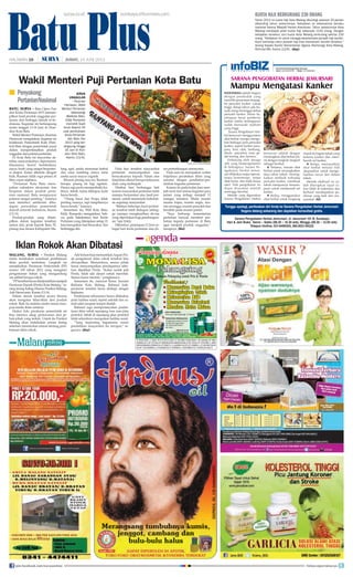 Batu Plus
BATU, SURYA - Batu Open Fair
dan Krida Pertanian 2013 menam-
pilkan hasil produk unggulan per-
tanian dari berbagai daerah se-In-
donesia. Kegiatan ini berlangsung
mulai tanggal 13-16 Juni di Alun-
alun Kota Batu.
Wakil Menteri Pertanian, Rusman
Heriawan mengatakan, kegiatan ini
kolaborasi Pemerintah Kota (Pem-
kot) Batu dengan pemerintah pusat
dalam memperkenalkan produk
unggulan dan potensi pertanian.
Di Kota Batu ini mayoritas ak-
tifitas masyarakatnya dipertanian,
khususnya berciri hortikultura,
sayur, buah yang sangat berpoten-
si ekspor. Kalau dikelola dengan
baik, Rusman tidak ragu petani di
Batu cepat sejahtera.
“Pertanian Kota Batu meru-
pakan subsektor ekonomis dan
berperan dalam produk perta-
nian nasional. Batu mempunyai
potensi sangat penting,” katanya
saat memberi sambutan diha-
dapan perwakilan pemerintah
daerah seluruh Indonesia, Kamis
(13/6).
Produk-produk yang ditam-
pilkan dalam kegiatan tersebut,
antara lain, jeruk keprok Batu 55,
pisang mas kirana Kabupaten Ma-
lang, apel, aneka minuman herbal
dan susu kambing etawa serta
aneka sayur mayur organik.
Khusus pisang mas ini, Rusman
berujar, pisang ini lagi ngetren.
Hanya saja perlu memperbaiki ku-
litnya. Sebab, kalau diekspor, kulit
harus bersih.
“Orang barat dan Eropa tidak
penting rasanya, tapi tampilannya
harus bersih,” katanya.
Sementara itu, Wali Kota Batu,
Eddy Rumpoko mengatakan, bah-
wa pada hakekatnya hari Krida
Pertanian yang ditetapkan setiap 21
Juni merupakan hari bersyukur dan
berbangga diri.
Pada hari tersebut masyarakat
pertanian menyampaikan rasa
bersyukurnya kepada Tuhan atas
limpahan nikmat berupa kekayaan
alam yang melimpah.
Disebut hari berbangga hati
karena masyarakat pertanian telah
mampu berprestasi atas hasil per-
tanian. untuk memenuhi kebutuh-
an segemap masyarakat.
“Bahkan beberapa hasil pertani-
an tersebut telah diekspor sehing-
ga mampu menghasilkan devisa
yang diperlukan bagi pembangun-
an,”ujar Eddy.
Diketahui, penetapan 21 Juni se-
bagai hari krida pertanian atas da-
sar pertimbangan astronomis.
Pada saat itu merupakan waktu
terjadinya perubahan iklim yang
seirama dengan perubahan-per-
ubahan kegiatan pertanian.
Karena itu pada bulan Juni men-
jadi awal dari semua kegiatan para
petani yang terbagi menjadi 12
mangsa (musim). Mulai musim
musim hujan, musim angin, mu-
sim serangga, musim penyakit dan
berakhir pada musim panen.
“Saya berharap kementerian
pertanian banyak memberi per-
hatian kepada pertanian di Batu
agar menjadi produk unggulan,”
harapnya. (iks)
JERUK
UNGGULAN
- Rusman
Heriawan, Wakil
Menteri Pertanian
didampingi
Walikota Batu,
Eddy Rumpoko
memetik buah
Jeruk Keprok 55
usai pembukaan
Krida Pertanian
dan Batu Fair
2013 yang ber-
langsung hingga
16 Juni di Alun-
alun Kota Batu,
Kamis (13/6).
Wakil Menteri Puji Pertanian Kota Batu
Penyokong
PertanianNasional
■
Iklan Rokok Akan Dibatasi
MALANG, SURYA - Pemkot Malang
mulai melakukan sosialisasi pembatasan
iklan produk tembakau. Langkah ini
menjabarkan Peraturan Pemerintah (PP)
nomor 109 tahun 2012 yang mengatur
pengamanan bahan yang mengandung
zat adiktif berupa rokok.
“PPtersebutharusditerjemahkanmenjadi
Peraturan Daerah (Perda) Kota Malang,” te-
rang terang Kabag Humas Pemkot Malang,
Ade Herawanto, Kamis (13/6).
Dalam aturan tersebut secara khusus
akan mengatur iklan-iklan dari produk
rokok. Baik itu melalui media massa mau-
pun media iklan outdoor.
Diakui Ade, peraturan pemerintah ini
bisa memicu sikap perlawanan dari pi-
hak-pihak yang terkait. Untuk itu Pemkot
Malang akan melakukan proses dialog
sebelum menelurkan aturan tentang pem-
batasan iklan rokok.
Ade belum bisa memastikan, kapan Per-
da pengaturan iklan rokok tersebut bisa
diwujudkan. Menurutnya, semua pihak
harus menyampaikan pendapatnya sebe-
lum dijadikan Perda. “Kalau sudah jadi
Perda, tidak ada alasan untuk menolak.
Semua harus tunduk,” pungkasnya.
Sementara itu, menurut Ketua Asosiasi
Reklame Kota Malang, Rahmad Jade,
peraturan tersebut harus disikapi dengan
bijaksana.
Pembatasan seharusnya hanya dilakukan
pada fasilitas sosial, seperti sekolah dan ru-
mah sakit maupun tempat ibadah.
Rahmad juga mempertanyakan pemba-
tasan iklan rokok sepanjang ruas ruas jalan
protokol. Sebab di sepanjang jalan protokol
tidak seluruhnya merupakan fasilitas sosial.
“Yang terpenting bagaimana esensi
pendidikan masyarakat itu tercapai,” te-
gasnya. (day)
surya.co.id surabaya.tribunnews.com KUOTA HAJI BERKURANG 230 ORANG
Tahun 2013 ini kuota haji Kota Malang dikurangi sebesar 20 persen
dibanding tahun sebelumnya. Kebijakan ini sebenarnya berlaku
nasional karena Masjidil Haram direnovasi. Tahun sebelumnya Kota
Malang mendapat jatah kuota haji sebenyak 1150 orang. Dengan
kebijakan tersebut, kini kuota Kota Malang berkurang sekitar 230
orang. “Kebijakan ini untuk menjaga keselamatan jamaah haji sendiri.
Kami berharap calon jamaah haji bisa memahami kondisi tersebut,”
terang Kepala Kantor Kementerian Agama (Kemenag) Kota Malang,
Rohmad MS, Kamis (13/6). (day)
HALAMAN 16 | | JUMAT, 14 JUNI 2013
SURYA/HAYU YUDHA PRABOWO
Tunggu apalagi, periksakan diri Anda ke Sarana Pengobatan Herbal Jemursari.
Segera datang sekarang dan dapatkan konsultasi gratis.
Sarana Pengobatan Herbal Jemursari: Jl. Jemursari 101 B, Surabaya
Hari  Jam Buka: Senin – Sabtu (08.30 – 16.30 wib), Minggu (08.30 – 13.00 wib)
Telepon Hotline: 031-8495500, 085-8521-84222
INDONESIA adalah Negara
dengan penduduk yang
memiliki prosentase terjang­
kit penyakit kanker cukup
tinggi. Setiap tahun ada ba­
nyak orang meninggal akibat
penyakit kanker. Selain itu,
sebagian besar penderita
kanker ketika terdiagnosis
sudah memasuki stadium
yang tinggi.
Sarana Pengobatan Her­
bal Jemursari menggunakan
obat herbal mampu mengo­
bati berbagai jenis penyakit
kanker, seperti kanker paru­
paru, liver, otak, lambung,
darah, payudara, usus, ge­
tah bening, dan lainnya.
Didukung oleh tenaga
ahli yang berpengalaman
di bidangnya. Sarana Pe­
ngobatan Herbal Jemur­
sari dilakukan tanpa operasi,
tanpa kemoterapi, tanpa
obat kimia, dan tidak terasa
sakit. Efek pengobatan ini
dapat dirasakan setelah
seminggu berobat.
Metode yang digunakan
Sarana Pengobatan Herbal
Jemursari adalah dengan
menerapkan obat herbal ala­
mi dengan langkah­langkah
sebagai berikut:
Pertama, minum obat
herbal untuk meningkatkan
daya tahan tubuh, mening­
katkan antibodi terhadap
penyakit kanker, membuat
tubuh mempunyai kemam­
puan untuk membunuh sel
kanker.
Kedua, menggunakan
obat herbal untuk langsung
masuk ke bagian tubuh yang
terkena kanker dan mem­
bunuh sel kanker.
Ketiga, memasukkan
obat herbal melalui titik
akupunktur untuk menge­
luarkan racun dari dalam
tubuh.
Metode eksklusif ini su­
dah diterapkan tujuh ta­
hun lebih di Indonesia dan
berhasil mendapatkan pe­
nilaian yang baik dari ma­
syarakat. (ikl)
Mampu Mengatasi Kanker
SARANA PENGOBATAN HERBAL JEMURSARI
Informasi Pemasangan Iklan Hubungi :
Hakim - 0812345 94787 | Meidy - 031 83356990
join facebook.com/suryaonline follow @portalsurya
 