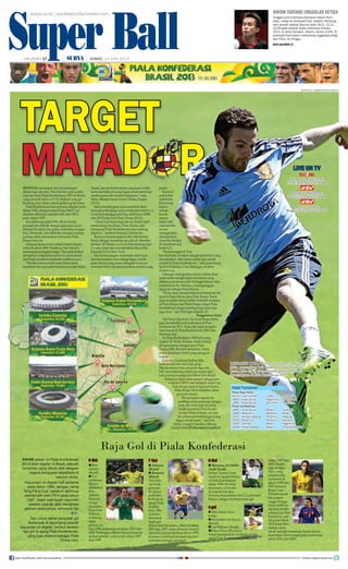 Super Ball
surya.co.id | surabaya.tribunnews.com
HALAMAN 17 | | JUMAT, 14 JUNI 2013
Hayom tantang unggulan ketiga
Tunggal putra Indonesia,Dionysius Hayom Rum-
baka, melaju ke perempat final, setelah membung-
kam pemain Jepang Takuma Ueda 18-21, 21-12,
22-20 pada putaran kedua Indonesia Terbuka
2013, di Istora Senayan, Jakarta, Kamis (13/6). Di
perempat final Hayom menantang unggulang ketiga
dari China, Du Pengyu.
baca halaman 23Super BallJUMAT,14 JUNI 2013 HALAMAN 17
AFP PHOTO/ PIERRE-PHILIPPE MARCOU
Raja Gol di Piala Konfederasi
9 Gol
Ron-
aldinho
(Brasil)
Cu-
auhtemoc
Blanco
(Meksiko)
Ron-
aldinho
bermain
di tiga
turnamen
Piala Kon-
federasi,
terhitung
sejak
gelaran ta-
hun 1999, kemudian di tahun 2003 dan
2005. Sedangkan Blanco hanya bermain
di dua episode, yakni pada tahun 1997
dan 1999.
7 Gol
Adriano
(Brasil)
Romario
(Brasil)
Duo Sele-
cao beda
generasi
ini punya
performa
berbeda di
ajang Piala
Konfed-
erasi. Jika
Adriano
mencetak
tujuh gol
dalam dua turnamen, yakni di tahun
2003 dan 2005, maka Romario tampil
fantastis pada perhelatan tahun 1997,
di mana ia berhasil menjadi top skor
turnamen dengan tujuh gol.
6 Gol
Marzouq Al-Otaibi
(Arab Saudi)
Striker Timnas Arab
Saudi ini tampil brilian
di Piala Konfederasi
tahun 1999. Di akhir
turnamen, ia berada
di puncak top skor
bersama Ronaldinho dan Cuauhtemoc
Blanco, dengan torehan enam gol.
4 gol
John Aloisi (Aus-
tralia)
Alexsandro de Souza
(Brasil)
Luis Fabiano (Brasil)
Robert Pires (Perancis)
Aloisi memperkuat Australia di dua
ajang Piala Konfederasi, yakni pada
tahun 1997 dan
2005. Begitu
juga dengan
Alex, yang
tampil pada
turnamen di
tahun 1999 dan
2003 bersama
Brasil. Luis
Fabiano masih
harus men-
unggu hingga
tahun 2009 un-
tuk bisa tampil
sebagai top skor
kompetisi, sete-
lah pada tahun
2003 tidak ditu-
runkan sama
sekali, kendati termasuk dalam skuad.
Sementara Pires tampil pada perhelatan
tahun 2001 dan 2003.
SPANYOL mendapat dua kemenangan
dalam laga uji coba. Tim Matador pun sudah
siap menatap Piala Konfederasi 2013 di Brasil,
yang dimulai Sabtu (15/6). Bahkan sang ge-
landang, Juan Mata, menargetkan gelar juara.
Piala Konfederasi kali pertama digelar pada
tahun 1992, dengan nama King Fahd Cup,
sebelum akhirnya diambil alih oleh FIFA
pada tahun 1997.
Jika dihitung sejak 1992, Brasil masih
menjadi tim terbaik dengan tiga gelar juara.
Disusul Perancis dua gelar, kemudian Argen-
tina, Denmark, dan Meksiko dengan masing-
masing sekali merasakan tro juara Piala
Dunia mini ini.
Adapun Spanyol baru sekali berpartisipasi
yakni di tahun 2009. Hasilnya, Tim Matador
menempati peringkat ketiga. Dan pada keikut-
sertaannya yang kedua tahun ini, juara dunia
dan Eropa tersebut membidik mahkota juara.
“Ini satu-satunya tro yang belum kami
dapatkan dan saya pikir bersama manajer kami,
skuad, dan mentalitas juara yang kami miliki,
kami memiliki peluang bagus untuk membuat
musim panas ini menjadi sempurna,” kata
Mata, dilansir laman resmi Chelsea, Kamis
(13/6).
Mata menilai gelar juara tersebut akan
menjadi pelengkap yang sempurna setelah La
Furia Roja menggondol dua tro Euro (2008
dan 2012) dan tro Piala Dunia (2012).
“Akan luar biasa bagi tim ini. Kami telah
memenangi dua Euro, Piala Dunia, dan
menjuarai Piala Konfederasi akan meleng-
kapinya,” tambah bintang Chelsea itu.
Spanyol memersiapkan diri sebelum ke
Brasil dengan melakoni uji coba di Amerika
Serikat. Di Miami, La Furia Roja menang tipis
2-1 atas Haiti lalu menaklukkan Republik
Irlandia 2-0 di New York.
Dua kemenangan, mencetak empat gol,
dan kemasukan satu cukup bagus untuk
juara dunia yang mana sebagian besar pe-
mainnya baru saja menuntaskan musim yang
padat.
Spanyol
pun boleh
optimistis
bisa meng-
hapus
mimpi
buruk
empat
tahun lalu
saat mereka
secara
mengejutkan
disingkirkan
Amerika Serikat
di seminal usai
kalah 0-2.
“Kemenangan di Yan-
kee Stadium, kembali dengan performa yang
meyakinkan. Kini kami sudah siap untuk
tampil di Piala Konfederasi,” tulis gelandang
Spanyol lainnya, Cesc Fabregas, di akun
twitter-nya.
Fabregas menegaskan timnya tidak akan
main-main menghadapi turnamen yang
diikuti para jawara dari berbagai benua atau
konfederasi ini. Bahkan, ia menganggap
ajang ini sebagai Piala Dunia.
“Kami akan memperlakukan kompetisi ini
seperti Piala Dunia atau Piala Eropa. Kami
seperti sudah selesai ketika berhasil menjuar-
ai Piala Eropa dan Piala Dunia, tetapi Piala
Konfederasi sangat penting bagi kami dan
juga fans,” ujar Fabregas kepada AS.
Pengalaman Italia
Tak hanya Spanyol, tim kuat Eropa Italia
juga membidik hasil maksimal di Piala
Konfederasi 2013. Italia tak ingin pengala-
man buruk di Piala Konfederasi 2009 lalu
terulang lagi.
Di Piala Konfederasi 2009 lalu yang
digelar di Afrika Selatan, Italia datang
dengan status sebagai juara Piala
Dunia 2006. Kendati demikian, Italia
justru mendapat hasil yang mengece-
wakan.
Kala itu, Gianluigi Buffon dkk.
bahkan tak lolos dari fase grup.
Mereka hanya nis di posisi tiga sete-
lah cuma menang sekali dan kalah dua
kali masing-masing dari Mesir dan Brasil.
Tahun ini Italia akan tampil sebagai per-
wakilan UEFA usai menjadi runner-up
Piala Eropa karena Spanyol (juara
Piala Eropa 2012) terdaftar seba-
gai juara dunia.
“Di turnamen seperti ini
penting untuk memulai dengan
baik dan Italia kali ini tidak
boleh seperti di Piala Konfe-
derasi Afrika Selatan. Ini ada-
lah proses perkembangan yang
bagus untuk kami,” ujar bek
Italia, Giorgio Chiellini, dikutip
Football Italia.(Tribunnews.com/ka7)
TARGET
MATAD R
AKHIR pekan ini Piala Konfederasi
2013 akan digelar di Brasil, sebuah
turnamen yang diikuti oleh delapan
negara penguasa sepakbola di
seluruh dunia.
Kejuaraan ini digelar kali pertama
pada tahun 1992, dengan nama
King Fahd Cup, sebelum akhirnya
diambil alih oleh FIFA pada tahun
1997. Sejak saat itulah sejumlah
catatan sejarah apik menghiasi
gelaran selanjutnya, termasuk top
skor.
Dan untuk daftar pencetak gol
terbanyak di sepanjang sejarah
kejuaraan ini digelar, berikut deretan
raja gol di ajang Piala Konfederasi,
yang juga disebut sebagai Piala
Dunia mini.
Hasil Turnamen
Piala Raja Fahd
Tahun Tuan rumah Juara Runner up
1992 Arab Saudi Argentina Arab Saudi
1995 Arab Saudi Denmark Argentina
Piala Konfederasi
1997 Arab Saudi Brasil Australia
1999 Meksiko Meksiko Brasil
2001 Korsel/Jepang Perancis Jepang
2003 Perancis Perancis Kamerun
2005 Jerman Brasil Argentina
2009 Afrika Selatan Brasil Amerika Serikat
TENDANG BOLA - Gelandang Spanyol, Juan
Mata, menendang bola dalam sesi latihan di Las
Rozas, Rabu (5/6). Mata memiliki ambisi membawa
Spanyol juara di Piala Konfederasi 2013.
LIVE ON TV
AREMA vs GRESIK UNITED
Jumat (14/6) pukul 15.30 WIB
PERSIB vs SRIWIJAYA FC
Sabtu (15/6) pukul 15.30 WIB
BRASIL VS JEPANG
Minggu (16/6) pukul 01.30 WIB
join facebook.com/suryaonline follow @portalsurya
 