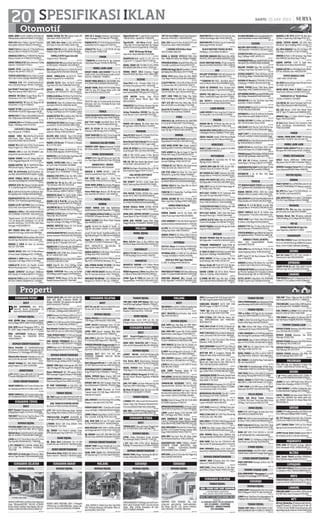 SABTU, 15 JUNI 201320
SURABAYA PUSAT
KOST
P
RIA KARYAWAN Non AC/Fa-
viliun-AC Bersih Jl.Cipunegara 53
Hub:%5671994/08563312116
967179
RUMAH DIJUAL
RMH GEMINI Hrpn PsrWadungAsri Juanda
6x10215NegoSHM%71906774-081216858165
967158
JUAL RMH Daerah Pengampon SHM Lt= 104
M2
/156M2
Tingkt,Prabot5KT2AC%71922459
967683
RMH +APOTEKER MshBroprsi DgBaik
SHM Petemon Brt T186/B350 2LTFul
%081230888777
968050
RUMAH DIKONTRAKKAN
Dkont Rmh/Ktr 2Lt Jl.WalikotaMustajab
60 Lt220m Lb290m,Ruko Pangsudirman 2Lt
Jl.Pahlawan C11 Prbolinggo 081936935677
967745
Dikontrakkn Rumah jl.donokerto min 2th
uk12x22m.4kt.ibu kadir %087853967273
968241
DIKONT RUMAH 1KT, 1KM, PDAM, PLN Ku-
pang Praupan 2/11 (031-91463298)
968106
APARTEMEN
J.CPTAPARTTrilium1BR45M2
LT31ViewBrt
F.Furnish 800JtNg%081232952211 TP
967990
RUKO DIKONTRAKKAN
DKONT.RUKO2LtL:8x7Cocoku/Usaha,Dae-
rahTambaksari%5023173/0852.3000.1770
967688
DKONT.RUKO2LtL:8x7Cocoku/Usaha,Dae-
rah Tambaksari%5023173/0852.3000.1770
967694
SURABAYA TIMUR
KOST
KOST Pasutri Mahasiswa/Wi Karyawan/Ti
Jl.NgagelJayaTengah 2/12%031-81069884
967580
TRM KOST Putri  Cari Tng Pria Umur 17Th
Hub:Bratang Gede I/17 %71866586
967997
RUMAH DIJUAL
PUCANGANOM1/34Uk.8x18mDekatPas-
ar, Surat Ijo 700jt%5017880 -08121726969
967152
DjlRmhBaruCantikMnmlisH.140LebakIn-
dah Utr 4/40B%77924059/085730060697
967149
J.RMH 4x13 2LT Setro Baru Utara X/114 Fas
Lkp Hub:081252438146/031-77660549
967264
J CPT PERUMPURI GUNUNG ANYAR REGC
C10 L72m2
Dkt UPN/Renov %70296108/
70121298
967488
RMH KOST Jl.Lebak Jaya 3B Kav10, 8kmr
uk5x10 Tgkt PetokD 375Jt%085648591838
967606
PERUM GRIYA REG 400 UNIT SDH DIHUNI
ANGS KPR HNYA 2jt.Dptkan PROMO UM
DiAngs 10XDISC Slm pameran.fas lkp.ONE-
GATE%34343232/77567602
967561
J.RMHPakuwonCityMutiaraSHMLt112Lb71
2+1Kt,2Km1,3MNego%081230824075TP
967707
J.RMHPakuwonCityMutiaraSHMLt112Lb71
2+1Kt,2Km1,3MNego%081230824075TP
967789
J.RMH6,5x142KtGarasi,Ptk-DJl.Bronggalan
Sawah Tmr 2/7 300Jt%081357698111
967699
RmhMnmlis7x15mRenovMedayuSelDkt
Meer SHM 2kt 1km Grs 2Mbl %08123590949
967653
*JUAL RUMAH BARUT.27/40LokStrategis
(195jtNego)Timur UPN Rungkut%77779881
967843
JUAL RUMAH PURIBAGUS B4-4 Lt: 90m2
Krian.130JtNEGO.%082132310077-70245504
968254
J.RMH Bagus 8x15 3Kt Petok-D Lingkungan
Aman,Tenang;Setro 6/15-D %7734 3466
968017
RUMAH DIKONTRAKKAN
Oper Kntrk Rmh 1Th,11JtNg Lksi Strgs Kt2
PDAM Drh Rngkt DktMeer%03172450444
967417
DIKONT RMH 6x11 Kedungsroko 69A PAM
19Jt/2ThNego2KT,MskGang%031-33500100
967607
Dkont RMH10x20 5KT 2KM garasi PLN1.3
PAMSemampirTengah3/14(mer)%78242480
967538
DIKONTRUMAHJl.Gubengjaya6/5CocokU/
Mahasiswa/Pgantin Baru%081332149297
967831
RY URIP SUMOHARJO uk 9x6 B:2Lt Sdh
Roling Door u/Usaha dll Hub:085731277665
968033
TANAH DIJUAL
DJL TNHRungktAsriTghXVII9x20SHM%0
85850334353/081233712338/81935323 TP
967339
JUALTANAHDIGUNUNGANYAR
Uk:10x20 %70815453/081230292928
967447
J.CPT TNH 10x20 DiGunung Anyar Tambak
Hrg:125JtNg HUb:70344121/081331133679
967558
TNH7x15:135Jt UrugPAM 10x20:215Jt Ry
9x40Gdg11x40GAnyarMdokanWRejo83220101
968259
J.TANAH Uk:6x7 Sdh Urug Jl.Bulak Setro
3/14 Hub:031-7107 9041
967969
DJL TANAH 7x15 Petok-D Sebelah Timur
UPN Siap Bangun Hrg:120Jt%031-77175735
968088
RUKO DIJUAL
DJL Ruha Baru Jl.Wonorejo Sel I-A Rkt
Lb.64M 2Kt,1Km %8793797 -087854222062
963967
RUKO DIKONTRAKKAN
Disewakan Ruko 3,5Lt Jl.AR Hakim CckU/
Kantor Hub:031-70043627 /087854510409
967533
SURABAYA SELATAN
KOST
KOSTAC-nonACPasutriSrtNkhPintusdri-
Pkr luas dkt A.Yani %0818326091
968029
RUMAH DIJUAL
DIJUAL RUMAHUk:20x30mJemursariUtara
2/30Harga:3,55MHub:081234282880
967223
J.RMH 10x18,5 Jambangan Baru 3/3 (Ke-
tintang) Fas Lngkp SHGB TP 03170078661
967217
J.RMH SHM Jl.Jeruk Gamping Blkg Balai
Desa(Krian)Lt224 Hub:%031-78680110
967341
JUAL RMH 21
/2
Lt,4 Kmr Tdr.Griyo Wage Asri
H-9 Sda Hrg:300jt Nego%031-70851843
967254
PONDOKNIRWANAAnggaswangiBnsTa-
manUM.Diangs10blnT40,48,54,70Galvalum,
Disc%031-83034376,72085584,70196255
967432
G.pesona D1/7 9X15 T.70 3KT 2KM
KAURIPAN NIRWANA AA5/12A 8X18m
%081357917007
967624
Rmh KdungturiPrmai K-17 SDA 350jt T36
2LT4KT90m6x14PamGas%081332245333
967742
BUMIINDAHSENTS-SUKODONOT36/90Lok
StrtgsDP10jtPstAcc%70684651/77662471
967708
DIJUAL RUMAH Baru 2Lantai SHM 8x6
Jl.Suko Biting Sda 150jt Nego H:77390978
967726
RUMAH SHM 2Lt 4KK Strategis Aman Siap
HuniDktSekolah%72081943-77618331Nego
967824
DIJUAL SGR RMH Minimalis uk 10x16
Tropodo Indah G/9 550Jt Nego %081357475
789/081703750026
967939
JUALRUMAHR.StockBsDiang5ThLokBlkg
Maspion 2 Sda Hub:%03171415299
967963
PERUMSEDATIUM1=2jt@2jtandktJuanda
Lama Lok NolJln.72800044/083831456888
968077
J.RMH S.Huni Gting,Gdgan Lt7x40 LtrC,Kt3,
Km2, Crp2mbl, 315jt Ng %03171611149
968281
JUAL RMH SHM D/A Kav PP Indah Sedati
H.270jt %087816533575 - 087852044924
968265
RMH KOS2AN 5KMR SHM Lt 400M (10x40)
LokBungurasihBrtH=675Jt%031-70241039
968021
DJL RUMAH 10x15 4KT 2KM PAM PLN 1300
MCGG2/5Sda%087853735168/08170329924
968016
RUMAH DIKONTRAKKAN
DIKONT RMH Taman Pondok Jati U-15 Drh
Geluran-Spj,Carport Mbl %031-91093679
967462
SEWA RMH 12x15 PLN 2200W,PAM,2KM,
3KT.JlJambuGg6E-125P.CdrSda%72503503
967725
TANAH DIJUAL
TNH KAV S.BGN SHM-Skdono 50Jt’n Ssa 8
UnitDP5JtAngsTnpBng%70684651-77662471
967746
JUAL TANAHKavlingBsDiang2ThLokBlkg
Maspion 2 SDA Hub:%031-71415299
967959
RUKO DIJUAL
J/SEWA Ruko 10x19 SHM Cck Utk Ush
Jl.BrigjenKatamsoA/nSdri%081230463000
967523
SURABAYA BARAT
KOST
KOST Pasutri/Single,Bersih,Luas,Kmdi/
Dalam,Rmh Baru %031-31432662, No SMS
967289
BARU GRES FASILITAS LKP D Permai S
(50mdrJlHrMuhamad)Hr/Bln.08179397646
967145
RUMAH DIJUAL
J.BUKIT PALMA E2/45;D7/29,Dikont/Djl
Pondok Benowo Indah i/1%031-70370058
967304
Prm Patria BB/5 WaruGunung Driyorejo
Lt10x20 Lb10x15 SHM 275jt 081553568760
967553
DIJUAL RUMAH Pakis Tirtosari 2 Lantai
750Jt Nego LT:7x15 Hub:%08123015659
967773
RUMAH GRAHA Menganti II PDAM Tan-
don Air Tanam 3Kamar SiapPakai %085648
869958
967890
JUAL CPT RMH Lok.Griya Kebraon Fas.Lkp
Siap Huni,SHM H:300jt Nego %77344022
967944
Djl Rmh 2lt 6x16 Srtfkt 5kt 2km Grsi Mbl
Balong Sari 425jt Ng HB 71370284 .
968081
TANAH DIJUAL
J.TANAH SHM ±9Ha Cocok Utk Perum Per-
tokoan Strgs Jl.Ry Morowudi Benowo%031-
70161414/0818370087/081230463000
967507
JUALTNHLs±3400M2
SHMSgtStrgsJl.RayaPu-
tatLor88MengantiGresikH:0816533215TP
967682
SURABAYA UTARA
KOST
TERIMAKOST,BisautkUsaha/TinggalHub:
031-3573655/0813.3097.1460 (No SMS)
967214
RUMAH DIJUAL
J.RMH (Tanpa Perantara) Cocok u/Usaha
Kost,Kalongan Kidul 2/24%031-77181259
967180
J CPT RMH SHM LT230 LB110 BbsBanjir
650JtNg TP Demak Barat I/23 SBY%5324034
968245
RUMAH DIKONTRAKKAN
DIKONT RMH Jl.Niaga Tambang No.9(Jl.Vet-
eran) 2Meja Dijual Hub:3524816
968057
MALANG
KOST
RJKINDAHKos50/Hr,375/BlnStrtgsRy.Swjr
14c Dpn BCA%7701414/081945500277
966667
KOST PASUTRI,Putra,Piranha Atas 4/126
Mlg %081334549221
967493
RUMAH DIJUAL
JUAL RMH Baru Sdg Dbgn 2Lt SHM 300m2
Fas Lengkap Jl.Bukitdieng %0817389343
966663
JUAL RMH PBI 2Lantai Dkt PLAZA ARAYA
JalanKembar Lokasi Bagus 575Jt%9683777
966772
JUALRMHHakSewaJl.Bungur49MlgLt.289
Lb.200 %0888384141/087859253446
966793
RMH MNMLIS Tgh Kota Dkt Psr 28mx2 Lnt
Air+List+Pgr 110jt Nego %081233256167
966851
JLRMH+KosLok.Sigura2Ls.212m,2Lt,3+9KT,
5KmGarasiBrRenov1,2M%081334644557
966874
JUAL RUMAH Kalpataru Lt500 Lb200 Int3
Lks Tel.Etna Lt 150/Lb60 Mrh %2139212
967036
J.RMH Bel Htl.Savana Lt.200 SHM TP Serius
Hub: 081.945.713069
967037
JUAL CEPAT Maninjau Dalam B2 F22
3KT,1KM LT.110 %087 888 417 317
967025
PRM KODYA T36/40/100 LT90/100 140Jt Ang
1JtSHM%5400900/081259080060/3149000
966998
SENGKALING RESIDENCE T36/72, 155Jt
SiapHuni%0341-7695325/081.331.238.335
967009
*BANDARA SANTIKA*Lok Strgs 2 Mnt Dr
BandaraAbd.SalehHrg100JtanUm1=5JtOne
Gate %0341-2307672,2307686,2307685
967267
DI JUAL Rmh Jl.D.Tempe F5H 10,LT128 LB80
KT3 KMD2 Siap Huni %7387575
967114
NIRWANAPANDAWANGILok.KwsanSulfat
Tipe36/40/50 Hrg Mulai 197 Jtan%9606096
967272
J.RMH Lembah Dieng LT/LB 292/390 SHM
4KT 2,5M Nego %9177665 / 553500
967258
RMH MINIMALIS SHM Pelapon Tinggi
L:8x16,2 Ful Bng Ada Tngkat Blkg.Borobudur
Indah Blok B%081938807880/0813301330
967226
JUALRMHBARUMinimlis9x12GriyaHusa-
da Blok i-1/14 Sumber Porong Lawang 350Jt
Nego %082230009170/03172567741
967216
RMH BRU Siap Huni Shm Pln Pdam Stegis
Dkt PerkantoranPasar %08113604926
967198
KARANGPLOSO VIEW UM6Jtan (BsBAP-
ERTARUM ASABRI JAMSOSTEK) Angs
KPR 500Rbn FLAT%0341-7363685/
08563566880/ 0341-3149000
967342
RMH JUAL Cpt 6x10 Shm Gpa Dj13 Ngijo Krg
Ploso Hub:081334196196
967266
RMH Jl.Greenwood Golf 3/40 Araya Lb/Lt215
6Kt 3Km Shgb Mnmalis%085755652999
967332
SONGSONG REGENCY 45/78 SHM 145Jt
KPR DP Ringan %7588777/7737099
967511
*RMH Tgh Kota drh Jl.Sarangan* LT.517
(L.20 x P.26),LB.300 SHM %7007 999
967500
RMH LT100m SHM 100jt Ng. Sukun, Uni-
kan, SMPN,SMKN.Msk 10m %9605381/
085234597145
967497
RMH LB63 LT140 3K.TIDUR 1K.Mandi Car-
port Di Arumba Permai H:%0341-538 9900
967639
RMHT100/165Jl.B.NusaIndahWijayaKu-
suma ,Jl.Arumba T60/140 %0341-9426600
967576
J.RMH T.70 Ls.130+Tnh Kav.di Villa Buring
Jl.Kembar %081.235.607.666
967852
RMH SOEKARNO Hatta(Jl.PTP I)Lt.720m Lb
500 SHM Cck u/Guest House %08125261769
967867
KOST2
AN 4KT di Lesanpuro Malang Blk.
Masjid Al-Hafiz 200jt %081333135880
967895
J.RMH+TOKO+Isi Toko SHM LT118 Full
Bgnan ada Tngkt.Hrg+Isi Toko 350jt,Tnp Isi
Toko 250jt Ng H:Jl.Konto 35B(P.Dwi)
967893
BU!RMHSHMPerumPuriKartikaArjoWinan-
gun,LT94m2
%031-71797069-081330716998
968292
SAWOJAJARINSIDEMinimalis,ReadyStock
T.60 LT.164 2KT 1KM Strategis,Tgh Kota dpn
Ruko WOW % 755 3628
968133
RUMAH BESARdiKepanjen2Lt,2LT,8KT,4K
M,Istmw,ada Pendopo,LB ±900m2
LT.2300m2
Cck u/Investasi  Kntr %755.3628
968135
BENDUNGAN PALASARI Tipe 80 2 Lantai
Barat Kampus ITN %081 233651657
968139
BELAKANG KAMPUS UIN Tipe 40  80 2
Lantai %9399957/081233651657
968140
J CPT RMHS.Huni 6x15 130JtNg Jl.Sono ten-
gah RT63/13Merpati23 Kbnagng%9823753
968201
RMH LT106 LB70 3KT,1KM Tidar Murah Ng
%700 2234 / 081 7962 4905
968148
JUAL RMHDktPOLTEKUB.Jl.BungaLely68
Mlg 2Lt LT228m2
LB300m2
%08123106841
968123
JL RMH Shm Bukit Cemara Tidar B-20 Pojok
Lb/Lt120/180%087859762850 NoSms Tp
968023
JUAL RUMAH Blkang Umm Tgl6Unit Lok.
StrategisHub:081333991897/081334325433
968181
RMH BARU Shm Fas Lkp T/B144/110 4Kt
2KmGrsBelTktJl.Kedawung8D/21%414753
968239
RMH PERMATA Jingga Lt155 Lb100 Siap
Huni 875jt %081805147383/08123392872
968260
RUMAH DIKONTRAKKAN
DIKONT RMH Jl.Piranha Atas Prm Graha
Swarna A7 Hub:085220709862
968086
KONT/JUAL Jl.Bend Batujahe 11 Dkt Kam-
pus Matos Carport Heater %08123317945
968249
TANAH DICARI
TNHU/PERUMAHANSistemKerjasama/Pmba
yaranBertahapLok.MALANG%081331238335
967014
TANAH DIJUAL
TNH Ls.330m SHM Pggr Jln Ry Lok.Bulula-
wang Dpn SDN%085646311316/2139212
966734
J.TNHLt.283mShmImbPagarPerumPuDkt
Unidha 400jt Nego Hub:08125280187
966850
DJL TNH 1920m+900 Pohon 4Th,Rp.165Jt
Tumpang dkt Jln Aspal %08165443430
966916
J TNHS.BANGUN8x14,5SHMAdaImbPon-
dasi.Kemangi6ALowokwaru%08123294564
967047
KAVKODYAS.BgnLT140m2
SHMJlLbr7m450
Rb/m%7471276/081259080060/3149000
967031
JUAL TNH Kav Di Lokasi Perum 6x12 Hrg
38Jt Nego %08813547917 BU
967238
DJUAL TANAH Loks ITN2 Ls.447m2
SHM TP
Hrg.350Jt%0341-9282324 / 082148503513
967393
DJL TANAH112mRp65jtNegoTunjungtirto
Dkt Itn2 Hub:8405507
967483
J TNH KAV Dkt JlnRyKaranglo UM10Jt Ang s
750Rbx36Bln%085791112039/08113030559
967644
TNH TEGALMiring±1HaLebihDs.Sukopuro
Kec.Jabung-Malang 80Jt%081333135880
967888
DIJUAL TANAH DI PERUM Villa Sengkaling
DAU-BATU L.1800 SHM H%081 233 10 483
968177
J TNH S.BGN Lt132 IMB Sumur SHGB MlgKt
Balearjsari DktITN2 75Jt%03419071984
968125
VILLA DIJUAL
DIJUAL SGR VILLA Tretes Jl.Malabar
Lt.1200m2
Dkt Pasar Tretes Dpn Hotel Surya
2M Nego Tnp Perantara%0811327738
966869
RUKO DIJUAL
RUKO 2 LT SHM Pinggir Jln Raya Ikan Paus
18C%081231218890/5427489
967112
RUKO 4Lt SHM Cck Bwt InvesUsaha Pnggr
Jln Besar %081233892259/089604382471
967245
RUKO D.Kerinci/D.Bratan 10m DrPsr Strgs
4x15m 520Jt-Ng%8698998/081334377788
967366
RUKO 2LT SHM LT/LB 90/100  115/100
JL.RY JOYOAGUNG MLG %085648434085
968013
2UNIT RUKO 2Lt Jl.KiAgeng Gribig/4x15m
Shm Parkir Luas Bisa Kpr Hub:9092200
968161
STAND DIJUAL
RAYWHITEDIENG %557878 FREDY %08883
456063MatosLS6No35StrategisDpnPujasera
967379
STAND DIKONTRAKKAN
OVER KONTRAK Ruangan Jl.Besar Ijen 94
%2966688
968144
TEMPAT USAHA LAIN
JUALMINIMARKET+Barangnya2LtLs.5x20
Konds.JlanPermataJinggaSHM%7001045
968160
SIDOARJO
RUMAH DIJUAL
J.RMHCEPATSidokareIndah72m2
2LtS.Huni
SHM 310Nego%71906774-082132190100
967161
J.RMHRenovTotalBaruPrmBayangkaraF16
250JtNg%081330919092/085733290807
968028
TANAH DIJUAL
TANAH SHM 7X16 JL PASIR INDAH 31 KET-
AJENGEDANGANSDA%70286133-78299773
967316
TNH KAV 70Jtan S.Bgn,Lok Nol Jln,SHM Bs
Krdt Ds.Kasak%031-88275171-72896676
967552
TNH KAVLINGL-Queen50JtanSHM,SiapBan-
gun,BsKredit%031-34396080-79630034
967557
JUAL TANAH L:1.242m2
di Jl.G Subroto Sda
Hub:031-8921427/0813 3042 5889
967756
TNH KRIAN BarengKrjn Ds.Sidorono 896 M2
DpnPpkPopen2H.Ng0817828144/70507401
967965
TEMPAT USAHA LAIN
RUMAH USAHA Wonoayu Sda DP5Jt Parkir
Luas 10M Hub:081231359071
968061
RUMAH USAHA Wonoayu Sda DP5Jt
Hubungi: 0319217265
968063
RUMAHUSAHAWonoayuSdaDP5JtDiskon
50Jt Hubungi: 0813.3008.2125
968060
RUMAHUSAHAWonoayuSdaDP5JtDiskon
50Jt Hubungi: 081.2357.4105
968066
RUMAH USAHA Wonoayu Sda DP5Jt UM
Cicil 4x Hubungi: 0813.3507.7357
968069
PASURUAN
TNH SHM Strg Cck Villa/Rest+T.Safari Prig
2.100m2
=325jt%081327353557 Bu Cpt
967437
KEDIRI
J cpt Perum Candra Kirana R10 L168m2
H
1,5M ng %087858838160/085853536203
967579
J.RUKO 3Lt 4x12 SHM Kediri Kota 200m Dr
Jmbtan Baru Brawijaya %081217707079
968124
J.TNH+BGNANLT±4300m2
Ds.BayeKec.Kay-
enKidulKab.KediriHrgNego081330898122
968107
DIJUAL TANAH Tepi Jalan Aspal Dekat Ter-
minal Pare Lt8680m2
dan Kebon Jati Sen-
gon 4830m2
Berjarak 5m Harga Nego Hub:
081334358122
968035
GRESIK
J.RMHCPTPrmBanjarsariAsri13/14DktTrmnl
6x15SHM,Lkp100JtNg%089677532828
967308
DJL CPT Rumah Jl.BatuSafir Biru Driyorejo
Grsk 6x15m %88153140-081330750096
967456
J.CPT TANAH 258m2
SHM Lok Sltn Masjid
Agung Gresik (Sumber)Hub:0816 5110 13
967956
J.RMH Perum Bumi Cerme Apsari Blok P
No 24 (BCA) LB:36 LT:156 081703344227
968129
MOJOKERTO
PURI ASRI UM 8Jt,Cicil 3x,Angs 18Rb/Hr
2Kmr Bersubsidi %0321-390963/6280179
964742
BLITAR
JUAL Tanah 70unit sertifikat SMH(Blitar)
@Rp.25jt(bisa diAgsr)%081216764123
966182
LUMAJANG
J.TNHSHM2400m2200mdrJl.GatotSubro
to,Sukodono.%0817385885/08885598379.
967146
BATU
FORDEVEREST(AT)2012LTDTgn1.KMDikit
Kond Istw%0341-8483948/081333113413
968182
LAWANG
KAVLING BARU 6x17m,Mulai 35JTan.4mnt
dr:Jl SBY-MLG, Pasar  Stasiun%7011804
967646
NTT
Djltnh10ha4ha,diOelamasi,ibktKab.Ku-
pangNTTKoordLS:10drjt05mnt15dtk;BT
:123drjt52mnt28dtk.Cocokutkperum,drh
sdg Brkbg.Hrg Rp 50rb/m2 H:081334810859
967549
KIJNG GRND Extr95 AcDblPw BsTT/Krd Ry
MastripKedurusDkh14%7664215/70120653
967278
VIOS G’04 Silver PjkBaru TgnI BsTT/Krd Ry-
MastripKdrs Dkh14%7664215/70120653
967263
YARISE’10MaticSilverBsTT/KrdRyMastrip
Kedurus Dkh14 %7664215/70120653
967296
AVANZAG’2007BisaTT/KREDITRyMastrip
Kedurus Dukuh 14 %7664215/70120653
967270
GREATCOROLLA’93SilverIstimewa71JtNg
Hub:031-71103345/77779113
967290
KIJANG TH’91 Long Nusa (L) Hub:Bagong
Ginayan I No.28%031-70251171
967327
TOYOTA WISH’2004 Option Hitam Sunroof
VR17 (W) Tv/Dvd 145JtNg %083854703999
967334
*AVANZA G’07 VVTi AcDbl/Tp/Pw/Ps/Vr
Istw 122Jt Jl.Ry Manyar 79%031-72457699
967387
Jual.MobilT.TwinCamTh’89Terawat.45Jt
Nego.Hub:Anang %0819 4652 4117
967321
AVANZA ‘08 Silver Sangat Mulus Bisa TT
Semolowaru Utr 1/141 %70904677
967324
KIJANG KAPSUL ‘97 Solar AC Dingin.RT.VR
Orsinil Plat-L 72,5Jt %77096923
967352
KIJANG ‘87/88Long6speedAcRtVr(37,5Jt)
%8294844/71618351 Pagesangan 3A/38
967368
INOVAV’05A/TSilver145Jt,XENIADelux’09
Htm 100Jt Karah I/6A%08123545886
967392
J.KIJANGLSXDiesel’2004Birumetalik,VR,AC
dingin, 100jtNego %03170707020
967444
LGX03EFi1.8BsnManual
hrg 135jt ng hub: 77458641
967481
KIJANG SPER 91AcDbl/Pw/R.Tp/Vr/Br/
Istm,Perum Alam Pesona 1-O/16 Bipas
Krian%81229469-081915235999
967469
KIJANG‘95AcDblTpVrSTDOriTotalGunung
AnyarTengah 1/11 %0813 3254 4119
967618
INNOVA G’05 bs krdt 4th.70909872 sim-
pang darmo permai selatan XI/14
967744
KIJANG GRAND Extra’93 (Nopol-B)Ac/Tp/
Vr Ry Tenggilig Mejoyo KB-14 %72153329
967791
KIJANG KAPSUL ‘01 AC Dbl/PW/VR Hijau-
Met Jl.Karah Agung 1 Depan Jawa Pos .
967629
VIOS ‘04 AcPsPwEm AudTvSparkivvr Ist-
mw80Jt.Hub:085643505555Xjudan10/45B
967596
GREAT COROLA SEG’93 1.6 Silver W ORI
SmuaNormal68jtNg.0811341048MENGANTI
967564
AVANZA G’04 Slv Manual Ist(UpGrade/Spt
Th’11) Dp28Jt Ang2.692 T085236618457
967628
KJG G 1.8 Pmk’96 BiruMet AcDblTpVr Ban-
Bru BgsKlg IntOri 67JtNg%085648369990
967570
KIJANGKAPSUL’01DslBiruMetJl.K.Nawawi
Rt6/Rw1 35A PojokGedonganWadungasri
967689
KIJANG LX UP LSX’2002 Silver Ors Kaleng
92.5jt PsAC TpVr Alarm%70319970 SDA
967550
AVANZAG‘2005(L-SBY)AUDIOHITAMORS
CAT ISTIMEWA %72078397 -081216657114
967540
“Dijual! Innova ‘13 G AT Putih KM 1,600,City
‘13 E AT Hitam KM 1,600,Rush ‘13 S AT Hi-
tam KM 1,600,Etios ‘13 E MT KM 1,600. Baru
2minggu.%:081282865733
967532
HOT PROMO NEW CAR Fortuner G VNT
Diesel DP 87jt Angs 7jt/bln Hub:70994999
967749
AVANSA’2010G1.3ManualSilverPjk4/2014
Km23rbTgn1NmSdrDrBr%081216081336
967664
INNOVA G ‘2009 dsl silver (L) istimewa
hub:031-7287 8484
967655
KIJANG DIESEL NEW LSX ‘03 MerahMaron
Ori Istw Sekali 108jtNego%031-70788900
967825
AVANZA E ‘2008 Hitam Ori TGN1 Terawat
Siap pakai 112jt Nego %0813 3110 0600
967855
COROLLA’78 AcVrPs Ori PajakBr A/nSdri
Wisma PenjaringanSari S-1 Rungkut Kec
967840
KIJANG SUPER’87 Short6sped DblBlower
RtVrMsnHls37,5%082142870777-71533112
967842
RUSH’O9TYPESAcDblTVAUDIOPJKBARU
KM 25rb S PAKEK 160jtNG%031-71240041
968318
KIJANG KOTAK PU ‘84 Spesial Antik RM
Zona Alam %0857 0700 0779
967911
LGX ‘2001 Biru Solar (L) Pjk 4/2014 Km-
62rb Tgn1 Dr Baru BU.%0812 1608 1336
967929
KIJANG PMK’90 AcCdVr CatMsnHls Bs.A/n
Pembeli Hijau 39.5jt%70048548-8544808
967938
COROLLASE’87SuperIstw(W)
Original %031-79560354
967950
AVANZAG’08+09semuaHitamTgnIService
ASTRAHp:031-70916646-71611550BsTT
967906
KJGGrndExtra96ShortIst+LSXDsl’02OriTtl
Smua Ready087853765948/70916646
967903
GREAT COROLLA’93 Ac/Cd/Tv/Vr Silver
Wisma Tropodo EG-41 %34200136
967920
SOLUNA XLi’01 Silver Ac/Tp/Vr Terawat
Siap Pakai 47Jt Hub:70406606/31437246
967932
GREAT COROLLA SEG 1.6’93 (70Jt)
Jl.Kenjeran 207 %60254170 / 08175102651
967933
COROLLAAllNewSEG’96Ac/Tp/Vr/Br/Pw/
Ps 60Jt Bs Krd,Nginden IV/31%72009405
967926
SOLUNA’02 Silver Ori LrDalam Istw Jl.Rung
kut Kidul 2/40%031-83823442 Bs Krd
967952
AllNewVIOS Limo’07 Akh MrhMaroon Vr17
Pw Bgs,TmnPdkJati CB-20%71639811 BsKrd
967961
GRANDEXTRA‘93LongNusaAbu2
MetMls
Ac Dbl/Vr Tp.Panjang Jiwo V Barat. 2
968053
TOYOTAALTIS’2002SilverTangan-1Istime-
wa Hub:031-312331185/0857.0647.8784
968150
LGX 1.8 ‘03 Ist Bisa TT/Kredit Ki Hajar De-
wantoro 14 Krian %081332384555
968103
BU,OPR KRD AVANZA Type-S’2011(55Jt)
Angs 4,882.000 Krd 29Bln %085707040373
968000
KIJANG LSX Bensin ‘97 Geluran Jl. Nangka
Rt.15 %7741 5454
968122
COROLLA’91 ExSalon AcTpVrPutih+’76 Ist
Ors Biru PjkBr,Nginden V/5A%70105011
967948
KIJANG’85(L)Ac/TpMsnBgsSiapPakai24Jt
Nego %7326415/085696286417
968001
KIJANG SUPER’1989 (Plat-L) Cream 38Jt
Ac/Tp/Vr Hub:%5616006-78333888
967989
STARLET ‘85 W-gsk AC,TP,VR Biru 26jt Ng
Karangrejo X/13. %70669842-77702525
968209
AVANZA G’06 VVTi (L)Tg1 Slvr ORS Lr.Dlm
119jt.70686811 MedokanAsri Utr 7/15
968321
SOLUNA GLI ‘01 (L) Biru ORS Luar Dalam
75jt istimewa. Hub: 031-91515156 .
968328
KJGLX’04AC/TP/VR/PW/PS/RMOT(W)SDA
Pjk baru.Deltasari AN8%71369411 TT/KRD
968213
INNOVA’05 Disel Slvr Tg1(L) SptBr 154Jt
AVANZA G’07 Tg1 Slvr 125Jt%92122112
968099
KIJANG LSX G Pmk’96 1.8 Long Abu2
Met
Bd Kaleng Mls Trawat%5047176-72562278
968112
SOLUNA’00 GLi AC/Tp/PS/PW Brg Istw,Jual
LgsPmkai Cck U/Lebaran 081231158565
968223
AVANZA G’2010 Silver (L) Pajak Baru, Siap
Pakai,Hub: 08123545848
968299
COROLLA GL’85 AC/TP/VR Int Ori Body Ka-
leng Msn Cat Bagus 28,5Nego %70975412
968051
INNOVA MATIC’05 Hitam Ori Ful Variasi
Km74Rb Hub:%087852378999
968070
TOYOTAHARDTOP’83OriDiesel(L)MerahIs-
timewaTerawat%70831629/081703520653
967988
COROLLA DX’81 (W-Sda) Ac/Tp/Vr Jual Mu-
rah BU 16Jt Bs TT Hub:0817 501 1673
967982
KIJANGLSXDSL’02WrnBiru(W-SDA)PjkBaru
107JtNg;Kutisari 7/32%081231118341
967995
KIJANG’89 LONG STNK Baru Jl.Jojoran Gg.3
No.147 %0838 3203 1666
968014
AVANZA E’10 Dark Grey Hrg:120Jt Hub:081
515192317/081330711330
968034
HIACE Hijau’81 Bsn VrTp PjkPnjg S.Pake
17JtNg BU,ManyarKartika8/36%78272130
968045
KIJANG SUPER’88 Nusa Long Ac/Tp/Wd
39,500Nego;Gadel Tengah I/22%78645245
968055
STARLET TH’92 Bakpao Ac/Tp Wrn Abu2
Metalik Istimewa Hub:031-7844 4465
968065
VIOS 03 G Sangat Istimewa Tgn1(Dokter)
Mnyr Smbongan 107B. Hub:03177910888.
968332
KIJANGPU’91SGTISTW42jtngkreditOK.Ry.
kundi38A(TmrPsr wdgasri)%71697325
968252
STARLET’91 Merah 1.3 AC/TP/VR (W-Sda)
Mulus Terawat %83067298
968291
TIMOR
*TIMOR’00 Ac/Tp/Ps/Pw/Vr Tg1 Istimewa
53Jt Jl.Raya Manyar 79%081357897399
967367
MOBIL LAIN-LAIN
KREDIT MOBIL CARI SENDIR ? Thn 91-99
kredits/d3th.thn2000keataskredits/d4th.
Hub:031-70080050 / 70080011
967135
KREDITMOBILBEKASBSCARISENDIRI.Hub:
%71195447/081333008287/08165436792
967172
KREDIT MOBIL BEKAS-BUTUH DANA Mulai
Th86 Bs Smp 4Th Bunga Mulai 4,9% SGR
Hub:%70745253-08123127263
967775
JEEP
ROCKY’96 Indp Cat Ori;Hartop’84 Asli Diesel
keduanya 4x4 Istw PS/Audio/AC/Jock Kulit
(L) %08563328834
968113
TRUCK
TRAKTORHEADMITSUBISHIFUSOFighter
190PS’93STNK+KirBaruIstw%0817596100
963867
Jual Truk tangki steanlistil Dyna ‘02+05
N-Psrn Istw% 77069770/085655547329
967441
MITS CD PS100 Dbl R/b 90 Ng.Babatan
Pratama 19 BB/49 Wyg %03177591949
967777
TRUKTRONTONMits6D22TurboTangki’96
S.Pakai Kredit UM:55Jt %082140466599
968117
VARIASI/SALON MOBIL
PIONEER SONY Alpine Kenwood TV/DVD
HID Xenon Audio 1,5jt Accoustic%77061225
967162
MOBIL DISEWAKAN
100RbMURAH Kjg,APV,Xna,Lxio+Spr,Jl Tik-
et n Tour24Jam HALIM%5013744/70102636
964507
AVANZA’2013+DRIVER
PALING MURAH Hub: 085755162847
964927
AVANZA  SUPIR DALAM / LUAR KO-
TAcarter/juanda/bisa Drop %72819411
967182
RAY RENT CAR Luxio’12 + Driver Gaul
Promo 200Rb %081325931315 (24Jam)
967336
SEWA MOBILXENIABisaHarian,Mingguan,
BulananH:%031-34833305-085732000028
967764
Sewa Mobil Apv Avanza 100 Rb bisa luar
kota. Hub:081216709129 - 03171498718
967551
MOTOR DIJUAL
HONDA
CREDIT HONDA BARU Beat Dp800,Revo
Dp500PastiAccNo.SMSMinat%031-77434694
967255
J.CPTHONDASUPRAX’2006WrnHtm-Mrh
%70995897Jl.ManyarKertoadi7/50-W107
967364
VARIO Th2009 Pink Mulus Pajak Panjang
Hub:%085850117914
967503
Leg’02 =3 Fit07=45 Max88=27 Star95 =21
Shgn99=28Crstl94=14Fiz97=21%71103636
967597
Spra03 Pro94 Max91 Shg05Bravo96Crstl 95
Rgr95Alfa95Sgm97Rx78Kr4/54%70908555
967574
Supra Fit X2008,A.n Sndri Orsinil Istw
L)5,5 JtNG,%71022823 Padmusastro 58B
967783
REVO ABSOLUTE’10 Tgn.1(W-Sda) 7Jt
Nego,Velg Ruji Hub 72737060
967818
HONDA WIN’03 W-SDA Pajak+Plat No Baru
5Jt Nego Hub:%031-81443198
967902
J.CPT SUPRA X Th’02 ’03 STNK BaruKond
Bgs H:031-91560204 Jl.Wonoayu 161-A
968049
JUAL HONDA BLADE Th’2009 7,8Jt Nego
Milik Sendiri Hubungi:081.831.8261
968156
2 UNIT MOTOR BAGUS Karisma X’05  GL
Max’02 Saya Jual dua2nya %031-79310620
968296
HND BEAT’08 MERAH + 2012 MERAH Hub
Rungkut Lor VII Dlm 47 Dkt Lap. 71988335
968149
Mgpro05;83+03;77+gren96;33+smas05;39
+mio08+05;63+sprX02:45.%70635576
968159
Tiger94;98 +01+02cw+02mdf ducati
+04cw(N)+05+07newMgPro04+06+06new
SprX01;43Soul’10;7jtgran96;3jt;72563038
968317
BEAT‘08Orange9JtNego
Hub:%031-88201888/081232355999
968090
GRAN92/93=2,6 Leg’03=3,2 Fit S’07=4,3
Crypton’97=2,7 Jojoran I/93C%77100533
967967
DIJUAL VARIO 125 TECHNO th’2012 PEMA
KAI WANITA BRG MULUS %031-70325100
968171
HONDA SPACY ‘2012 Istimewa Tinggal
Pakai KM.6200 (W) Hitam %031-2884 5999
968333
SUZUKI
Titan’2012=6.5jt +Thunder’2006=5.5jt pa-
jak hidup stnk panjang %031-34036348
967438
MOGE Suzuki GSX 750cc’85 police type
kond optmal,BPKB,STNK lgkp.03171405777
967578
J.SPD MOTOR Suzuki Type FD110
’2000 CC110 Warna Merah Tgn1 Hub:
081235300253
967677
SHOGUN’02 Htm Pjk Baru Terawat TgnI Bo-
nus BB CDMA 4JtNego%082330044989
968005
Setiap Pembelian SUZUKI Tipe Apa Aja
Gratis Bensin 5 Liter Hub%085731453536
968075
VESPA
PIAGIO 150 Liberty ‘11 Akhir Matic Htm
Mls Jrg Pakai %08165419014-72103557
967601
YAMAHA
Vega 04 46 jtSigma0113Grand9326Sho-
gun 03 BPKB ilang 2jt %91590228
967281
DelerResmiYmhHondaMurahLsngACC
Hub:03170621200/72719172pgrmsklah
967230
VEGA ZR HITAM Des’2010 Pemakai Mulus
Surat Komplit TGN1 (7jt) Hub:7005 8089
967237
J.Slh 1: MIO CW’08 Lampu U Htm Tgn1(L)
Km10rb+VEGA ZR’09 Merah(L) %31319288
967627
MIO CW ‘09 Htm Konds Bgs Remot Contrl
%72417685 / 081332120157. CPT
967771
MIO’06 Brg Bagus MesinHalus Biru 4,7Jt Pjk
Mati;Sukomanunggal V/83%71314111
967684
JUALMOTORCRYPTON’97
2,5Jt Nego Hub: 087755479220
968277
MIO SPORTY CW’2011 (9,2Jt) Pajak Baru
Hub:Jl.Tambang Boyo 88%081335118696
967975
MOTOR DICARI
SIFA MOTOR TERIMA SEPEDA Mtor segala
merek %031.78627106/087852608291
965442
ANDAMAUJUALMOTOR?Hub:Kedungcowek
5f%70491745-089676970536(HARSONO)
966610
DICARI SEGALA MERK SEPEDA MOTOR.
HARGA O.K.E. Hubungi: %(031) 72009479 .
966707
ANDA JUAL SEPEDA MOTOR? Jl.Gembong
Sawah Barat 63 Sby %70526617/3715147
966911
ANDA JUAL MOTOR? Segala Merk Harga
TinggiHubSinyo%78168081/085648278351
967395
MALANG
MOBIL DIJUAL
BMW
BMW 325i’04 Silver (L-Sby) KM55rb Velg
R18 Pjk Br Nego%8454540/081334309139
967865
CHEVROLET
AVEOLT07(N)PjkBaruHitamAC/CD/DVD/
TV/VR Hrg Nego Serius %0341-5042797
966756
DAIHATSU
DAIHATSU TARUNA Cx’02 N-Kota Merah
MetalikAcPw97,5jtNego++%03417580513
966743
XENIA Angsuran 1.8JtanUangMukaTeri-
os 29Jtan  Xenia 26Jtan%(0341)2384414
966776
LUXIO Type M TH09 (N) IstwS kli 112Jt:
RayaJantiBarat 7%4433911/081945551422
966777
TAFTGT4x4TH86IstwSkl53Jt:Jl.RayaJanti
Barat No.7%4433911 / 081945551422
966763
JUAL SGR Espass’05 Box AL(N);ELF’07 Box
AL(L)Istmw minat %082330180005
966913
J.TARUNAFGX’04BiruSilver
Plat N %0888.5880.500
966912
XENIA Li DELUXE VVTi08(N-TGN1) Htm
Istw+NINJA08FullVarHtmPjkPjg%7568898
967023
PRMONEWXENIAAirbagDP28JtnGMax11Jt
Trios30Jt LuxioSirion ProsCpt%9572750
967088
BAYAR16JtAng2,5Jtx47GrandMax”11Htam
JokHdpDpnKm29RbAsli,AC,VR%7779928
967356
XENIA 2010 Warna Silver Km Msh 38000
115jt Nego %03412353156/081319406581
967346
CLASSYPRO’941.3Oris,Mls,ACNyes,PS,PW
,CL,Remot,Alrm,VR Cpt BU%0341-460773
967504
TARUNA CSX PMK 2001 Biru SlvrTaruna
CSX EFI 2002 Biru Tgn1 Pjk Bru%8187567
967494
HIJET 1000 TH84 (N) Hidup Msn Halus
Body Utuh Bagus 13,5JtNG BsTT %996 3072
967650
TAFT GTS 88 Putih Msn Halus Ban Uk.30
Baru AC/CD/RC Istw 48,5JtNg %7313 088
967590
Xenia’04 Xi Family(N-Kt)Silver Ac/Tp/Vr/
PS Eltrik Mr Pjk br Istmewa 7699845
968151
FORD
FORD9021.5Jt,WONDER8425Jt,VANTREN
97 22,5Jt BsTT%081945777323/7068141
967351
FORDLASER’92(n)BiruAC/TPBrngBgsSiap
Pake 25Jt Ng %7001857/081235609157
967513
HONDA
NEWACCORDVTILAT2000SilverIstw95Jt:
RyJantiBarat7%4433911/081945551422
966782
CIVIC NOVA SPORT 90Ist Kmplt AudioTV
58Jt:RyJantiBrt7%4433911/081945551422
966759
CIVIC WDR85 Kds Bgs Ac Dngin Vr Tape Ok
N Krem Bth Uang 29,5jt%085234745777
966852
NEW ACCORD EXCUTIVE2000SilverMatic
Sunroof 90JtNego %085 234 597 567
967055
STREAM AT 2.0 “03 Biru Met Kond Istmw
%081 805 059 228 / 0819 3774 7757
967381
CRV VTEC 2004 Mnl Silver Ors Trwt Tgn2
PjkBr(B) Bs Lsg AnPbli 145Ng%7658808
967378
NEWCITYIDSI03BiruMudaN-KTAn.SndrAu-
dioREADYNEGO%7023340/081803843006
967573
HONDA CIELO’96 Vtec Hijau Met Ist 76jt N
Nego Hub:081233746888.
967927
FERIO’96VR17AudioAbu2
TuaNBgs%034
17353389/085234300070
968119
HONDA ACCORD 85 VR16 PS.PW.AC.TAPE
MulusSiapPakai21JtNego%087859888464
968187
HONDAGENIO94Brg95
(AG-Tlg) Abu2 Met %5421358
968153
HONDA GRAND Civic’91 Sip Audio 58jt
Coklat Muda Siap Pakai%082140346861
968067
CIVIC WONDER’87 Msn Hls Pjk Br Hrg33jt H
ub081323933519/085649918571/7555030
968108
H.CIVIC Vti-S’01 N-Kt Pajak Panjang Ac Dgn
Airbag Siap Pakai %085735040512
968268
HONDA FERIO’96 Ori Mulus Matic N BrTua
Mtlk Km Rendah 83jtNego%087839588553
968286
HYUNDAI
GETZ’04 Hitam N-kt/Audio/TV/DVD/USB/
Rmt/Ori luar-dlm istmw 93jt Ng %8489030
966908
HYUNDAI ATOZ 1.0 2000 A/T Ors (N-Kota)
+ Scoopy 2010(N)Ors %(0341)7433789
967113
ATOZGLX2002Tgn1SilverMet
(L-SBY) 72,5JtNego%081336042722
968205
ISUZU
PANTHERLMTURBO2008Silver(N)Racing
Audio TV CptDpt%8483948/087759767606
966790
PANTHER HIGRADE 96(L) Komplit Istw
69,5Jt:RyJantiBrt7%4433911/081945551422
966787
PANTHER’95N-KtMerahVr/Pw/Ps/AcDng
FullVar Kond.Bagus 68jt %03417085679
966924
PANTHERPPL’95NBiruTuaAcDouble60jt
Jl.Kenanga 9%0341-8141027
967239
BLACKPANTHERTH2002(N-MLG)
MsihBagus 131Jt%0858 554 888 32
967637
PANTHER HIGRADE 95(N-Kota) Biru ACDb/
PW/PS/CL/VR67,5Jt%498363/085855911295
967585
ISUZU PANTHER ROYAL 99 Sgt Istmw!! N-
KotaAC/CD%081334183026/0341-3189535
968196
KIA
KIA JEEP SPORTAGE 2000 (AG) Orisinil L/D
4x4 AT Audio 69,5JtBU%081945777323
967363
**CARNIVAL’03 DISEL Tgn1(N)dr Baru**
Istw Pol Mesin Sehat Elc Jln%08885015250
967499
VISTO 02 ZIPDRIVE Silver Terawat Hub:
Jl.Taman Borobudur 5 Tlp%(0341)5439059
968198
HANYA 19Jt AJA,Bawa Carens2 Hitam 04
Mulus TrawatSkali Angs2,4Jtx35%7779928
968183
KIA VISTO’02 N-Kota/Ac/Vr/Cd/Cl-Alarm
Orisinil Cat Irit%9905401/0816553361
968175
LAND ROVER
LAND ROVER’82 4x4 Long Istw Ps Dem2
an
Tni Serep Blm Trun 67jt%082137359999
967388
MAZDA
MAZDA MR 91 TP/VR/AC Dgn Dlm Ori Cat
Mls S.LuarKota 21JtNG BsTT %2811 499
967018
MAZDANEWCAPELA89ElktrkJlSmuaIntO-
riBdyKlgIritMsnEnk30JtNGBsTT%2811488
967021
DIJUAL MAZDA Familia Th99 Merah Mtalik
Istmewa Audio Sip VR15 Nkota%9016005
967489
MERCEDES
MERCY C180 At’94 Silver Audio R-18 %081
333228959/081944855121
968212
MITSUBISHI
J.MITSUBISHI PU T120’2002 Pth “N” Kab
45Jt Ng %0341-7680332
966729
LANCER DAN GAN 92 SOHC An.Sdr 43Jt :
D.Bratan Timur 9J 33 Hub% 744 3637
966762
MIT.MAVEN GLS 2007 Istimewa Skl 102Jt:
RayaJantiBarat 7%4433911/081945551422
966773
KUDA SPR EXCED 00(L)DISEL ACDb IstSkl
82Jt:RyJantiBrt7%4433911/081945551422
966769
JUAL COLT Pick Up Th.2010 Hitam Bagus N-
Kt TP Hub: 0341 770 1414
966903
MITS.COLT T120SS PU 05 Carburator Bak
Rata (asli-N) Siap Pakai 60Jt%7036113
967382
OPERKREDITCOLTDiesel2011HDBakKim
Putra %081334349253 / 0343-6260888
967634
T120SSPICKUP2002HITAMBan+No+KIR
Baru 53JtNego Hub%(0341) 7015 989
967592
MITS.COLT DIESEL 120PS 2001 Bak Kayu
Beratap N-Kota Tgn-1 %0878 5964 4449
967588
LANCER GLX’92 Sohc Hijau AcTpVrPsPw-
CLmiror Rmt BrgBgus Sht 38Jt NG 72749247
968257
READY PAJERO,Outlander,Mirage Disc Gede
Angs.2Jt %081251122817
968121
NISSAN
NISSAN TERANO SGX 95 Hitam(N) IstSkl
82Jt:RyJantiBrt 7%4433911/081945551422
966779
TERRANO KINGROAD’97 Audio-TV,Pjk Br,
BanTblSgtIstwskli%7729518/085336511109
966906
X-TRAILST2004SILVERMaticIstwKM.70Rb
BrgSmpnn145JtNego%083848383892
967006
OPEN INDENT All New G.Livina Beli Skrg
Gratis Belanja 1Bln %085 230 001 372
967054
Nissan Evalia XV Putih M/T’12,N Tg1.km-
1rb AllRisk 08-2014,165Jt 087759677635
968197
GRAND LIVINA 1.5 XV’10 Akhir Manual
Silver, N, 155Jt Ng. %081333506917
968068
G.LIVINA 08 M/T Grey Met Tgn1 157JtNg
Cash/OprKrdt%08155198456/0341-5400543
968137
ALLNEWNISSANGrandLivinaOpenIndenPro-
gramMnarikIndenPrtama%081234838157
968130
SUZUKI
BALENO 2000 SLVER(W)AudioTV VR17 Ist
74Jt:RyJantiBrt 7%4433911/081945551422
966767
SUZUKIESCUDO1.6SangatIstimewa2004
Hrg 115JtNego %082 140 641 611
967011
PRMMRHERTIGAAng2,3JtnNEWSWIFT@2,5Jtn
PickUpDP17Jtn%9568253/082141959999
967038
BALENO TH2000 Hijau Met (N-KOTA) Ori
Cat Bagus Siap Pakai 76Jt Hub%7327 816
967090
SUZUKI AMENITY 2 Pintu’90 Mulus AC/VR
N-Kt,PjkPjg,39Ng%7326040/085746923919
967117
KATANA 97 Merah ACTPVR ORS ISTW 59,5
Jt Hubungi: 7778695/ 081330134576 BU .
967153
DIJUAL SUZUKI Jimmy Th84 Wrna Hitam
Harga Nego %0811366083/03418135771
967232
APVARENASGX08BurgundyKM60RbanAsli
(N)115JtNg.C.MendutBrtE5%081334223447
967348
KATANA’90 N Ac Vor Tip Mulus Siap Pakai
Hub:0341-579061/7090969
967248
SUZUKI JIMNYKotrik’814x4VrBanSavero
Mt 20jt Hub:081230903986
967311
KATANA93AnSdrN-KtAcRtInt.OriKlngNo
Krpos Mesin Kerng49,5jtNg%5159119
967429
SUZUKI ESCUDO’95 FullVar Cat Orisinil Lr/
Dlm 77Jt H:D.Sentani Timur I H1D5
967491
SZK EVERY’04BrMetAc/Tp/Pr/Ps/PwSun-
roof N-Kt %9920272/085235658580 Nego
967600
SWIFT SEPT’12 Sil Met N-Kt An Wnt Ac/Tp/
Pr/Pw/Ps %9920272/085235658580 Nego
967668
CARETA’93Abu2
MetNKotaKondisiOK48Jt
Ng %081803860572/2958257
967848
CARRY PU 04 Biru Asli-N Tgn1 VR13 +FOR-
SA GLX 89 Hitam Ori L/D PjkBr%9006409
968202
PROMOLbaranERTIGADblBwrUM50JtSPLASH
30JtAPV30JtCptMudah%082142577055
968191
SPV SGX 09 (Pmkian) Automatic Super
Istmw Bayar 17Jt Angs 2,8Jtx47 %7779928
968186
KARIMUNESTILO2007N-KOTAPjkBrPS/PW/
AC/CDAkiBanBrMlsTrwt%0341-9736240
968167
KATANA’86 L Ac Rc Biru 30jt Nego
Hub:081945923888
968229
TOYOTA
TYTAVANZAREADYSTOCKProsesCptMdh
BsTTSglMerk%081235505684/0341-8690050
966753
KIJANG KRISTA DIESEL 2000 Des Coklat
Metalik N-MLG An.Sendiri %081233441355
966791
KJGLGX00/01SOLARSilverMet(N)JokDekOri
MulusBanBaru%7353455/081351474989
966788
COROLLA TC 1.3 SE 91(AG) IstwSkl 45Jt:
RayaJantiBarat 7%4433911/081945551422
966836
GREAT COROLLA 1.6 AT 95 FullVar Istw
72Jt:RyJantiBrt 7%4433911/081945551422
966765
YARIS 2006 Type S Matic Silver KM Rendah
Ex Dokter 135jt Nego%(0341)9200363
966914
AVANZA E’10 Tgn I Dr Baru Htm Orisn L/d
Ban Br Asuransi %7644495/472974 Tp
966961
TOYOTAAVANZAAngs92Rb/hrBsTukarTm-
bahSglaMerk%0341-7702442Pin2A46FF3A
967019
AVANZAGTH2011(N-KOTA)
Silver R16 DpnALFAMART Bandu-
lan%089617656758
967007
VIOSLIMOHtam0485JtNgAC,TP,VR,CL,PW
,Audio,Foglamp,FullAcc %081330531602
967089
J.CPT Starlet’97 (N) Brg Istimewa Mrh Ma-
roon % 906 8600
967043
AVANZA G Deluxe’09 Hitam Ors Luar/Dlm
(L) ACdbl 132Jt %081233151734 Pandaan
967251
BURUANDPTKANAvanzaReadyStock.Bun-
ga 0%.Free Sparepart,Free Insurance  Bonus
Menarik,Hanyadgn10Jt-an%0811308749
967253
ALTIS1.8GMTCalipsoRedLOriL/DKM80Rb
VR BR17 AudTV Istw TDP28Jt%5432345
967344
AVANZA G 06 VVTi HITAM (N) Ban Baru
Pjk Baru Trawat Hrg.126Jt Nego%705 3211
967355
DIJUAL TOYOTA KIJANG LGX 2001 Biru
Metalik (N-Tgn1) HrgNego%081 233 942 177
967359
ALL NEW AVANZA Pmk 2012 N Hitam TDP
34jt Angs.3,749.000 x 47 bln %7330921
967269
INNOVA G Matic Cs’08 Istimewa Siap Pakai
Hub:9008181 Jam Kerja Hrg:175 Abu2
967434
KIJANG KAPSUL 1.8’97 N Pajak Baru
HID,Audio Servis Rutin Hub:9201818
967508
KIJANGLGX’99IstwMrhKjgKrista1800cc
EFI Thn 2000 Biru Slvr %0816555799
967524
TOYOTAAVANZAG2005
114JT %081 235 007 008
967522
ALLNEWAvanzaBungaSuperMurahProses
Cpt %081 333 107 033
967520
INOVA DIESEL Matic V 2010 Tangan per-
tama N asli, istimewa. hub:081331811210
967593
TWINCAMSE1.6“90(N)Hitam
FullVar %7034014 / 9554999
967652
LSX DIESEL 01 Coklat FullAudio Ad3TV (N-
Mlg) 105Jt:Jl.Melati22%085746229843
967581
KJG LGX Bensin 1,8’03 Wrn Merah Mron
Asli”N” Tgn1 TV Audio Istw%08883811970
967868
AVANZA Tipe S 1,5 Silver 2009 N Tangan 1
Bagus %081330543055
968128
10 Juta Bawa Avanza Free Insurance Free
Spare Part,Bunga Terendah,Ready Stock
%082335239883
968143
TIMOR
* DIJUAL TIMOR DOHC TH99 *(N-Malang)
Hub%0341-7014878 / 081 252 304 739
968163
MOBIL LAIN-LAIN
KREDIT MOBIL BEKAS?MobilBsCrSndridr
Manapun MinTh96 Keatas%0341-5049432
967042
MOBIL DISEWAKAN
EAGLE: Avanz 200Rb,Inov 300Rb,Travel
Mlg-Juanda Sby PP 60Rb %556600/7308111
967261
DENDRATransport-SewaMblELFu/Brbagai
Acara,NyamanMURAHP.Atok%9463361
968046
MOTOR DIJUAL
HONDA
PAKETHEMATBaru:DP800Ribu,BeatF1,Re
vo(%087759903888),KTP Malang Lsg Kirim
967892
DJL SPD Motor Supra V Th 2003 H94,2jt +Li-
fan Th2000 1,8jt Hub:5478752
967954
JUALREVO2010A/nSendirin7,3Jt/HONDA
PCX 2011 Hrg.28JtNego%(0341)7038888
968173
YAMAHA
BYSON’11,Pth flvr,siap pkai touring,box
givi,ckrm,ban bsr knlpt.03417638888
967201
Yamaha Byson thn 12,jarang pakai,km
1000,N Malang,20,5 jt,Nego.082141415510
967572
MO-GE
HONDAPHANTOM03Tgn1Ors
Istw Pajak Baru TdkSMS%7732050
968158
SHOWROOM
MUSTIKA MOKAS Harga Gila!! Honda Revo
Fit 11/12,UM 600 Rb Angs:288Rb/36 Garansi
Mesin 1Th%7718827/2844041/9038814
967111
KEDIRI
Jual Cpt Luxio M’12 M/T Grey metalik is-
timewa spt br Hub 085230090992
967846
JOMBANG
CARRY PU’89 W CatBr 29Jt,CARRY STW’84
AdiPutro 5spit AE 22,5Jt%081252820495
968041
LAWANG
YMH NUVO(Matic)025,5/KwskKaze’043,5/
FitNew’07 5,5/CariMotor%082332684093
966853
SPESIFIKASI IKLAN
SURABAYA SELATAN
RUMAH DIJUAL
GRAHA SURYA MAS . . . .. .. . . .. . .. . . . AU-
TOPRO
967427
SURABAYA BARAT
RUMAH DIJUAL
PERUM GRIYA MENTENNG . . . . . . . . . . .. . . ..
1X25
967137
MALANG
RUMAH DIJUAL
JL. ABDUL GANI . . . . . .. . . . . . .. . . . AU-
TOPRO
967872
SIDOARJO
RUMAH DIJUAL
BUKIT KISMADANI . . . . . . . .. . . . . . . .
.1X25
966868
SIDOARJO
RUMAH DIJUAL
HARMONI KOTA SIDOARJO .. . . . . . . .. . . . . 1X40
.........
967105
GRAHASURYAMASLokByPasKrianBsJamsos
Angs 700rban/bl(FLPP) T45/105 T36/90:
Kusen Almini+Galvlum Tmpt Ibadah, Dkt Srn-
Pendkn|71967312/08123145221/8947123
PERUM GRIYA MENTENG ASRI 2 Menganti
UM10% Byr 5x,SHM,PDAM,Disc Jutaan, Bo-
nus2 031-31021119,34350729,72169994
HARMONI KOTA SIDOARJO Thp 2,lok
strtgs,one gate,mnmlis modrn,galvalum,
bbs beaya kpr,UM 1:5jt ,promo terbatas,
Hub:71855566/ 77343391/ 8924200
: JUAL RUMAH Jl. Abdul Gani Atas Hrg:391Jt
Unit Terbatas Kawasan Perhotelan View In-
dah Hub:0822 3047 6750
PERUM JENGGOLO Full Bangunan 9x20 Serti-
fikat Lokasi Strategis Parkir Luas,Asri,Aman
Banjir. 350Jt. Jl.Bukit Kismadani 06 Hub:
081217282999- 8495066
SURABAYA SELATAN
TANAH DIJUAL
TANAH DIJUAL . . . . . . . . . . . . . . . . . . .
1X25
967470
 