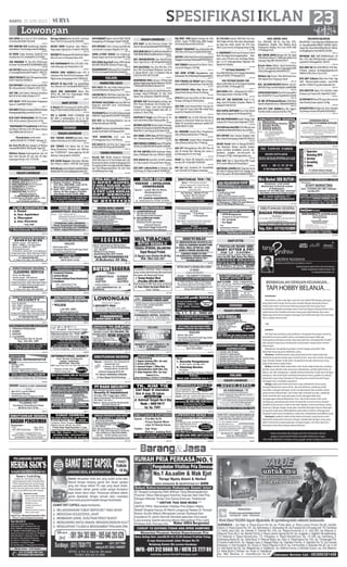 23SPESIFIKASI IKLAN
DCR SOPIR Sim.A Usia 20-35Th Jl.Kalibokor
19-B Hub:5020188/71621456
967976
BTH MRKTNG KTA BankPermata RukoPer-
mataBintoroTmnKetamponKav.68-69(Neni)
967972
CR SOPIR Trailer Kontener SimB1/B2 Prm
GriyaKartika D32 Sedati%081232378049
967998
THE PREMIERE ITC Sby BTH SPG/Krywan
ExclusiveTasKntr%081332689888(No.SMS)
968008
ACCMOTORManukanBthMekanikVariasiM
tr,Training3Bln,Komisi85%%031-7406279
968011
DIBUTUHKANS1SipilU/PengawasanJalan
Di NTT Hub:081224848315
968030
DCR KRYWATI U/Jualan Kebab Gaji:800Rb/
Bln+Bonus;Keb Kul 3/36%031-6021 3724
968101
DCR TNG Laki2 Pglmn DiGudang Diutmkan
Bid.LPG H:Sdri.Likke Jl.Sikatan 25-27
968038
DCR SALES+SOPIR Kirim:Ruko Pengampon
Square E-2%08883756633
968111
DCRADM(SMA)Accounting(D3)WntBsKomp.
PenempatanJktSby.Lam:PerakTmr202
968114
BTH STAFF OPERASIONAL SMU Pria max.
25th. Kirim Lamaran :Jl Jemursari 14 Sby
968227
*KARYAWAN/TIFoodDrinkdiUKPetra/
Cito/Royal SMA Max.25th SMS Nama Alamat
Usia 088801481452 DsrL21
968214
Permak Jeans untuk stand.
%081234500579/ 77740967. Indragiri 10
968217
Dcr Guru PG,TK Islam bpnglmn di Medayu
Utara%085646001796.Keputih Tegal 4/6
968219
Dbthkan Krywn berpengalaman min 1th
buat neon box,adv dll usia max 30 dhar-
mawangsa 84 sby t.031-77353738
968222
BthSgraAdminSalesSimA/B1Lam:Royal
Park 2 TK3/10 CitraLand Tlp.70566505
968224
DICARI SOPIR Serabutan Sales Motoris :
Pagesangan Agung Baru 28 %031-8292492
968136
DBTHKNTLMenguasaiWilSbyGrsikPglmn
MSGL/PLmrn+CVkeLebakTimur4/20
968020
DCR KARYAWAN/TI Min.22Th,SMA U/Ka-
raoke Keluarga.Lam:Siwalankerto 156
968097
PERUSH CONS GOODSBth.Sales SPV 
SalesExec.P/W Max35Th.D3.Pnempatn SBY/
Mlg KrmLam Jl.GregesJaya II/A23 SBY60193
968142
NGELEM 50 Box=3,5Jt Tnp Ijazah/Bebas
Usia, Bubutan 22G Tommy%083849761374
968216
SALES BHN BANGUNAN Pglmn Max
30Thn Min SMA Krm Pergudangan Meiko
Abadi 1/C-50 Gedangan Sda
968042
BABY SITTER
Cr BbyStr PRT Prwt Jmpo D/L-Kt/Plo (GRTS)
B.Ayu77595579/082142881230Brt1/37B
964469
PRT  SUSTER TANPA POTONGAN GAJI
IBU WATI. Jl ketintangBaru 16 no 21 Sby.
T;70044405-081331100355-085730098057
968174
SIDOARJO
RAGAM LOWONGAN
DCR TUKANG BAKERY,Jahit,Baby Sitter,
Sablon H:Pak Adran 81153635 PalemPutri
967390
DCR TEKNISI Pria Pglmn Diut dr Daur
Ulang Plastik,Kary Produksi min SMP.Lam
Lgs: PT.JOYOPLAST Sawocangkring No.100
Wonoayu Sidoarjo%031-8830402
967221
DCR KASIR Kapster+Hairstylist GjPokok,
Kms, Makan 1x %031-72656381 Suko 54Sda
967448
DCRTKGLASSALESPAGAR-KANOPIPENGAL-
AMANHUB:TPSG/14CANDI%081233457781
967609
DCRPENJAHITPglmnLamrke:UNGUTAILOR
Karangbong129GedanganSda%71194096
967698
BTH KRYWN/i Srbtn Ctering max30th,Bw
Lam.DataDiri:Larangan MegaAsri D13 Sda
967740
SOPIR u/TOUR TRAVEL Sim A,Pglmn,Jjr,
Ramah,Sopan Lmn Krm:Puri Indah AM-4 Sda
967702
DCR SGERA Bag.Staff Kantor,SMK.Hub:ibu
Kiki 085730538501 B.Ktmso P7waru sda
968208
DCRADMINWNTSMKLulus2011/13LamKrm
TPID2/19Sda%8052583/081330446015
968036
MALANG
MARKETING-SALES
DCR SALES Mtr sdri,S.Dlm/Lr.Kota.Gj+Kms.
Lam ke:Jl.Borobudur Agung Barat VI/5
966665
LOWMKTNGMinSMAMotorSndriGaji+Bns+
InsntifLamJl.WisnuwardhanaKav.22mlg
966666
DBTHKAN SALESMAN/wati min.SMA Pny
Kndaraan sndri/SIM C.Krm CV:Jl.Pahlawan
II/235 Balearjosari
966907
TELEMARKTGmin.D1Lk/Wnt.Jl.Danurwenda
IIBlk6E/3-Swjjr2%5453239/087750028978
967040
KSU BTH Cpt Marketing/Kolektor Lam ke
Jl.Maks.Martadinata 54B Mlg
967293
DcrSALESFreelanceu/JualRukoRmhPglmn,
LamCVke:POBOX3333Malang65101
967851
*BTH MARKETING Pria* Lam Krm
Jl.Tumenggung Suryo 131A Malang
967847
DCR SALES,Mtr Sdri,Pny Sim C Segera Lam
ke:Dkh Golek 88 Pksaji %0341804332
968116
TEKNIK-PRODUKSI
Perush GAS Bth:60 Krywn/ti Pend.min
SMU/SMK sdrjt s/d S1.Fas:G.Pokok min.1,2Jt/
bln,Insentive,BonusLemburKrj(BagiygLulus
Tes lsg Kerja).Bw Lmrn lgkp ke:Jl.Kol.Sugiono
Gg.V No.9,Megosono(Selatan Fly Over Kota
Lama)Malang max.1mgg
967849
RAGAM LOWONGAN
BTH KARY L/p Rm Pancoran Jl.Suhat 76A
Dkt Rs P.Bunda JjurNiat%087859308000
966657
BTHSOPIRSIM A,KULI,ADMWntMinSMAU/
TOKOBANGUNAN:HamidRusdiKav9-10Bunul
966766
DCR MHSWA/KRYWN Usia Min18Th.Part
Time2-5Jam.XtrInc2-8JtSMS%08563568525
966835
BTH SALESMAN: Pria, Min SMA Max 27Th
Sim C,Mtr Fas:Gj.Pokok,UM,Komisi Lam Krm:
Jl. Bunga Merak 1 Kav 12 Kalpataru Mlg %
(0341) 417676/ 0817531289
966871
KESEMPATAN EMAS mjd guru TK/Paud ikuti
platihanSingkat.slesaidbantudislrkanH:322297,
7795650,082230108052H.Rusdi3/179
966901
DCRI SGR Keu/ACC(L/P,S1)SPV/Kasir/Pra-
muniaga Toko(L/P,SMU)Spir B1 Max 35Th
Pglmn Lamr:Jl.Kauman 20%0341324384
966909
DBTHKN SGR MarketingAccounting min.
SMA Punya Kendaraan sdri,Tersedia Gaji +
Transport + Bonus. Lmrn krm ke:Koperasi
Central Artha Niaga Komplek Ruko WR. Su-
pratman C1-Kav21 Mlg
966905
KARYWN/TI Single max.25th.Lam ke: Ta-
man Cafe  Resto,Ruko Simpang Wilis 1A
966902
DBTHKN ASISTEN Direktur,Wnta Penampi-
lanMenarikCakap,KomunikatifBsMengemudi
Mobil.MinS1.LamDtgLgsKeJl.Coklat9a-9b
967032
DCR MODEL FOTO Cew-EDITOR/Fotografer
Cew-TelemarketingCew-PRT%0817301405
967012
DIBUTUHKAN1)TEKNISILulusanSTM%0341-
912551252)HELPERDAPUR%0341-9292938
967033
CR P/W WAITER,KASIR,Serabutan Matos,
Batos, PGMKediri Bw Lam. PBI K6/1 ARAYA
967044
BTH SMU/K D3 Dom.MLG 18-38Th Walkin
12-17Jun Letjend S.Parman59 Kav1 P.Jimmy
967041
BTH WNT u/Resto/Kafe di Malaysia Gaji
25Jt.Pisang 101 Mlg.Grts%087756848180
967131
KRJ PART TIME Ngelem Benang teh 1ktk
@70rb+ komisi PT.HDN Ruko WOW Swojjar
A10 Hub Hj.Miarsih 08125247912
967141
URGENT TERAPHIST Spa u/Hotel,Wnt Min
SMA MAx.30Th Kawi 24 %081805003407
967231
DCRPRTu/DiJktHub.B.HusnaJl.KambojaNo18
PajagalanSumenep-Madura%087850200153
967236
DCR TENAGASerabutanPria+Motor+SimC,
Lam Jl.Arif Margono 15A Mlg
967215
DCR SOPIR U/TOKO Brpengalaman Lam:
Jl.BorobudurNo.2ABlimbingMalang%492829
967377
BTH TUKANG LAS PAGAR Pglmn Di Beng-
kelLasIRONARTJl.KaryaTimur27%7347356
967375
DIBUTUHKAN Office Boy Warnet LILO.
Alamat:Ruko Dinoyo Permai A3 Malang
967330
BTH:12 Krywti Sma Gj Min 1jt+Bns Lmrn ke
Perdana Cell Mog Gf 2535 Jl.Kawi
967365
DCR SMK Listrk,Otomotf,Mesin Sma Ipa 18-
22Th Gaji2,4jt Trasp 10/Hr Mkn Hub:Jl.Titan
Asri9/F22 Hub:081252745838
967440
Dcr WANITA Usia 18-30th Diutmkn Faham
Sparpart  Assesories Motor.Lam krm ke: Jl.
Melati 50, Kav.A.Kel.Lowokwaru %0812337
00092/08971711992
967490
Dcr MEKANIK Sepeda Motor Pengalaman.
Hub: JJ Motor,Jl.Ahmad Yani 77 Malang
967527
Dcr MEKANIK Sepeda Motor Pengalaman.
Hub: JJ Motor,Jl.Ahmad Yani 77 Malang
967519
DCR CPT MrktngDriver Min SMU Max 40
Ada GP Komisi Bwt Mrkting Bw Lmran k
Jl.D.Maninjau Brt D1-A10 Swjjr
967509
Bimbl Cari Tentor All Study.Krm Lmr,CV.Ti-
tan Asri 9/F-16 Hp.0857 91965536
967505
Bth Cpt Sopir Serabutan Bs TossaMobil.
Lam: Ry.Sulfat 59,Tk.Bgnan Sutiwijaya
967502
Dcr Pria/Wnt lulusan SMA/Sdrjt Usia max.
30th Single utk Peg. Toko. Jujur, Berpenampi-
lan Rapi dan Sehat. Syarat: KK, KTP, Foto,
SKCK.Lamrn krm ke: Jl.Simpang Dieng 23 Mlg
967498
Cr KARYAWATI Pend.min.D3,Kuasai Sistim
Adm+Keuangan,Bs.mengoperasikan Kom-
puter, max.27th.Krm Lam. ke:Jl.Raya Madyo-
puro 21-33 Kedungkandang Mlg,Kode ACC
dipojok kiri Amplop.
967496
*** PETUGASPRODUKSI ***
Pria,SMK/SMA,Max23Th,Disiplin,MauBekerj
aKeras,PO BOX 179 Malang65101
967466
### PETUGASSELEKSI ###
Wanita,SMA/SMK,18-25Th,Disiplin,MauBeke
rjaKrs,PO BOX 179 Malang65101
967474
DICR SOPIR40Rb++PegawaiWnt35Rb++
Pancaragam Anyar S.Parman 20 Mlg
967492
BTH CPT TNG AKUNTING Pajak  Gu-
dang Lam:CV.Purindah Jl.Sumber Mlaten 27
LWG%427196/427197
967641
DCR1SOPIR,2KRYWANPriau/TokoTeknik
Pglmn Jl.Kol.Sugiono 82 B4 MLG%324255
967571
DCR BAG.PERIKANANTambak Udang, Sopir
SrabutanB1/2Umum,SalesHelper%2177379
967568
BTHADMWntMinSMKBsMS.Office,JjrLam:
LAMBANGDUMADIMOTORJl.A.Yani84MLG
967563
BTH KRYWN Salon Rambut Brpglmn Hub:
Citra Salon,Pel.Ketapang I/9%03415458123
967690
DICARI Untuk Hotel di Malang:SECURITY.
Siap ditmptkan dimana saja,bisa beladiri,
punya sertifikat pendidikan security (diu-
tamakan), penglmn min.2th.Lamrn ke:
Jl.Tumapel 14 Mlg / hrd@tuguhotels.com
967853
Dbth Ahli Toko  2Kasir/Adm,SMU Single
25Th Luwes 3Nmart,Jl.Pisang Kipas 5
967894
DIBTHKAN LEADERKRU Cleaning Servis
Utk Mall di Malang Hub:PT.SIS Mangga Dua
B5/10 Sby %031-8470819/08883302903
967973
#### DRIVER ####
Pria, SMA/SMK, SIM B1, Usia Max 35Th,
Pengalaman, Disiplin, Mau Bekerja keras
Penempatan Malang, Krm Lamr Ke:PO BOX
179 Malang 65101
968304
KRJ SMPGN dRMH Nempel Tali Teh Upah
70rb/200Lb+Blnan PT HDN Ruko WOW A/10
Sawojajar Mlg ABIY 081949793377
968234
Krywti Bakso Mbah’e Solo.Jl.SumberSuko
Psr Utr Lawang.Rjin,Cktn,TnggungJwb,SMP,
2Shif,Gj Menggiurkan.085646443211
968232
Dbthkan Sgr Krywn Toko Elektronik max.
30th dtg Bw lam: P.Sayang 23 Janti
968126
DCR ASS.KOKI/HELPERTdkRokok Gji±1Jt+
WAITRESSDtg+Lam:KA.GribigNo1%9600888
968206
SOPIRSRABUTANB1Max35Th.DomsliMLG
Diut Hfl JATIM H:T.Suryo35%085851552808
968180
CR IBU RT/Pnsiunan/Krywn U/PartTime
4Jam/hrBkrjdrRmhIncm.2-8Jt%08563568525
968178
BTH CPT STAF ADMIN,Bisa Bhs Inggris,
Pria/Wnt KrjKrs Lam:Jl.Kartini No.1 MLG
968176
TKWRESMIGAJIBESAR
Bth200TKW (Twn,Hkg,Spore,Mly)Resmi,Gra
tis SyaratMudahBsTUNGGU RUMAH DptPe-
sangon3Jt.TaiwanPabrikBiayaMurah KeRuk-
oGadangRegency Kav3%0811363481
968170
DBTHKAN SGR ADM,TEKNIK,Market L/P
Max 25Th Min.SMA,MtorSndri LamKrm:Jl.S.
Supriadi 8C Malang%0341-365052
968165
DCR ADM+AK Min.SMU/SMK/D1 P/W Max-
27Tahun Lamaran Ke:hrdgrup@gmail.com/
POBOX 34 MLG Max.25 Juni 2013
968155
DCR WNT U/Bantu Bikin Kue+Srbtn Siap
Shift Mlm,Fas.Gapok+Lembur Lam.B.Titik
%0341-7034537/Lsg Jl.IknTombroBrt K/5
968146
DCR KAPSTER Pglmn P/w Hub:Nico Salon
Jl.Danau Laut Tawar G2E-20%0341711837
968007
CR KRYWN/TI Max25Th Jujur,Ulet Lmrn ke
Toko Plastik Jl.Sutan Syahrir 43 Mlg
968094
DCRKAPSTERWntPglmnGj+Kmsi+BnsJoko
Sln Jl.Hasym Ashari 6DC%082230918623
968145
SURABAYA
RAGAM LOWONGAN
PT.BPR PANDAAN . . . . . . . . . . . . . . . . . .1X25
. . . . . . . .
963714
KLINIK KECANTIKAN . . . . . . . . . . . . . . .1X25
. . . . . . .
963728
DRIVER . . . . . . . . . . . . . . . . . . . .1X25
. . . . . .
964539
CLEANING SERVICE . . . . . . . . . . . . . . . 1X25
. . . . . . .
964540
SECURITY . . . . . . . . . . . . . . . .. . . . .1X25
. . . . . .
964541
LOW.JL.MENANGGAL INDAH . . . .. . . . . . . . . .
1X25
965559
LOW.MEDIKAL . . . . . . . .. . . . . . . . .
. 1X25
965867
LOW.DICARI WANITA . . . . .. . . . . . .. ..
.1X25
965873
LOW HITECH MALL. . . . . . . . . . . . . . . . .1x25.
. . . . . . . .
966267
LOW.PT LAURIGA ASIA . . . . . . . . . .. . . . . ..
. 1X25
966289
LOW.ADMINISTRASI . . . . . . . .. . . . . .
. .1X25
966294
LOWONGNAN . . . . . . .. . . .. . . . .. . . .
. .1X25
966316
LOW.USAHA MAKANAN . . . . . . . . . . . .
. .1X25
966689
LOW.DIBUTUHKAN SEGERA . . . . .. . . . . . .
.1X25
966691
LOW. K AND B HKS . . . . . . .. . . . . . . .
. 1X25
966864
LOW.INTERNATIONAL AGENCY . . . . . . . . . . . .
1X25
966896
LOW.HADENA KENDEDES . . . . . . . . . . .. . . . .
1X25
966910
LOW.KABAR GEMBIRA . . . . . . . .. . . . . . .
. 1X25
967119
LOW.5 PRIA AHLI . . . . . . . . . . . . . .. ..
.1X25
967128
SEGERA BUKA CABANG . . . . . . . . . . . . .. . . .
.1X25
967143
LOW.SEGERA ADMIN . .. . . . .. . . . . ..
. . 1X25
967144
LOW.BUTUH SEGERA . . . .. .. . . . . .
.. . 1X25
967147
LOW.SECURITY PRIA . . . . . . . . . . . .
. .. 1X25
967150
LOW.PT SOGO . . . . . . . . . . . . . . . . .
.. .1X25
967175
LOW.DIBUTUHKAN SEGERA . . . . . . . . . . .. . . ..
. .1X25
967419
low.pt rush . . . . . . . . . .. . . . . . . .
. 1x25
967422
LOW. FHS JUNI . . . . . . . . . . . . .
.. . 1X25
967423
LOW.GARIS HARMONI . . . . . . . . .. . .. .
. . 1X25
967424
LOW.CITRALAND ADMIN . . . . . . . . . . . . . . .
1X25
967426
MULTIRACING BUTUH SEGERA . . . . . . . . . . .
.1X25 . . . . . . . . .
967458
LOW JL RAYA KLETEK . . . . . . . . . . . . . . . .1X25
. . . . . . . .
967460
LOW.KAPAL PESIAR . . . . . . . . .. . . . . .
. 1X25
967471
LOW.PENJAHIT WANITA . . . . . . . . . . . .
. .1X25
967472
LOW.URGENT . . . . .. . . . . . . . . . .
. . 1X25
967477
LOW.TK KIM TIE . . . . . . . . . . . . . . .
. . .1X25
967482
LOW JL JEMUR SARI RAYA . . .. . . . . . . . . . .1X25
. . . . . . . . .
967815
LOW.TJ TKW . . . . . . . . . . . . . . . . . .
. . .1X25
967845
PT ESQ . . . . . . . . . . . . . . . . . . .1X25 . . .
. . . . . . . .
967857
KAMANJAYA . . . . . . . . .. . . . . . . . . . . .1X25 . .
. . . . . .
967861
LOW.SPG SPB . . . . . .. . . . . . . .
. . . 1X25
967863
LOW.BELAJAR SAMBIL BEKERJA . . . . . . . . . . .
. . 1X25
967869
LOW.NAILES . . . . . . . . .. . . . . . . . . . .
. .1X25
967870
LOW.SECURITY . . . . . .. . . . . . . .. .
. . 1X25
967877
LOW.LOWONGAN KERJA . . . . . . . . . . ..
. . . 1X25
967878
LOW.BUTUH MENDESAK . . . . . . . . . ..
. . 1X25
967880
LOW.BIRO PERLINDUNGAN HUKUM .. . . . . . . .
. . 1X25
967884
PERUSAHAAN PROPERTY . . . . . . . . . . . . .1X25
. . . . . . . . . .
967885
BABY SITTER
BABY SITTER . . . . . . . . .. . . . . . . . . . .1X25
. . . . .. . .
967103
LOW.BABY SITTER BP.YANTO. . . . . . . . . . . . . .
. 1X25
967425
SIDOARJO
RAGAM LOWONGAN
BUTUH MENDESAK . . . . . . . . . .. . . .
. . . .1X25
966675
KOORDINARTOR LAPANGAN . . . . . . . . . . . . . .
.1X25 . . . . . . . .
967879
MALANG
RAGAM LOWONGAN
LOW.LESTARI . . . . . . . . . . . . . . . . ..
. 1X25
965851
LOW UP LENNI . . . . . . . . . . . . . . . . .1X25 . . . .
. . . . . .
966861
LOW ADITYA MEDIA. . . . . . . . . . . . . . . . .1x25.
. . . . . . .
967420
LOW.TKI TAIWAN . . . . . . . . . . . . . . . .
. .1X25
967467
LOW. MINIMARKET . . . . . . . . . . . . . .
.. .1X25
967468
LOW PUNCAK MANDALA. . . . . . . . . . . . . . .1x25.
. . . . . . . .
967805
LOW KSP NASARI. . . . . . . . . . . . . . . .1x25. . .
. . . . . . .
967807
LOW KRESNA REKSA. . . . . . . . . . . . . . . .1x25.
. . . . . . . .
967821
SEMERBAK CITRA . . . . . . . . . . . . . . . .1X25 .
. . . . . . . .
967854
LOW BEONE HOLIDAY. . . . . . . . . . . . . . . . . .1x25.
. . . . . .
967860
SABTU, 15 JUNI 2013
 