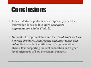 Conclusions 
• Linear interfaces perform worse especially when the 
information is nested into more articulated 
argumentation chains (Task 2). 
• Network-like representation and the visual hints such as 
network structure, iconography and links’ labels and 
colors facilitate the identification of argumentation 
chains, thus supporting indirect connection and higher-level 
inferences of how the content connects. 
 