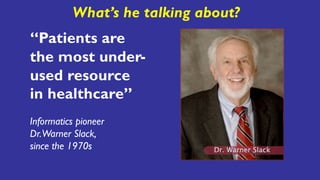 “Patients are
the most under-
used resource
in healthcare”
Informatics pioneer
Dr.Warner Slack,
since the 1970s
What’s he talking about?
 