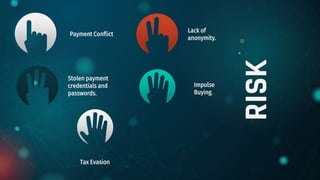RISK
Payment Conflict
Stolen payment
credentials and
passwords.
Lack of
anonymity.
Impulse
Buying.
Tax Evasion
 