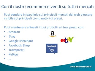 Con il nostro ecommerce vendi su tutti i mercati
Puoi vendere in parallelo sui principali mercati del web e essere
visibile sui principali comparatori di prezzi.
Puoi mantenere allineati i tuoi prodotti e i tuoi prezzi con:
• Amazon
• Ebay
• Google Merchant
• Facebook Shop
• Trovaprezzi
• Kelkoo
• …
 