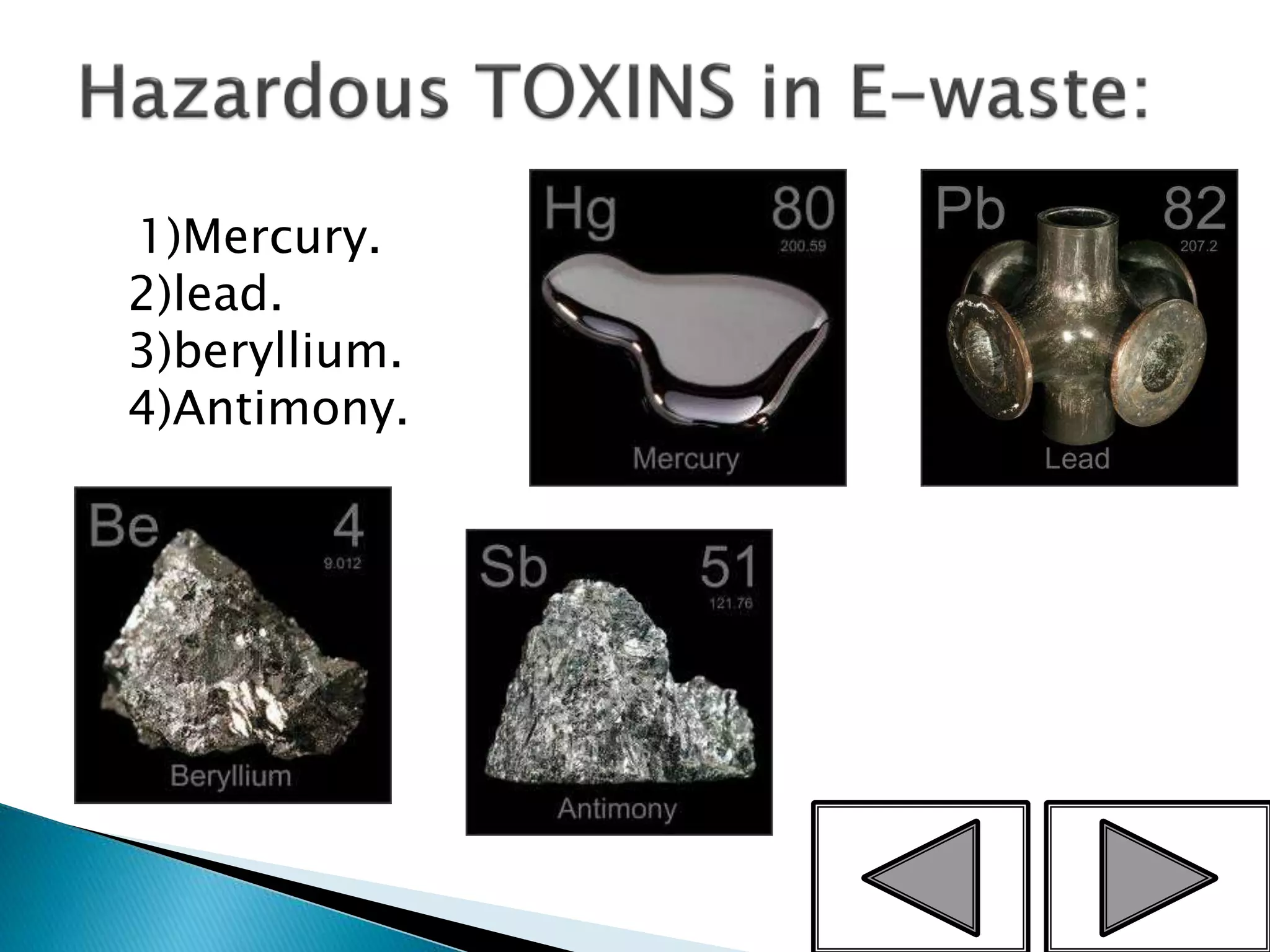 1)Mercury.
2)lead.
3)beryllium.
4)Antimony.
6