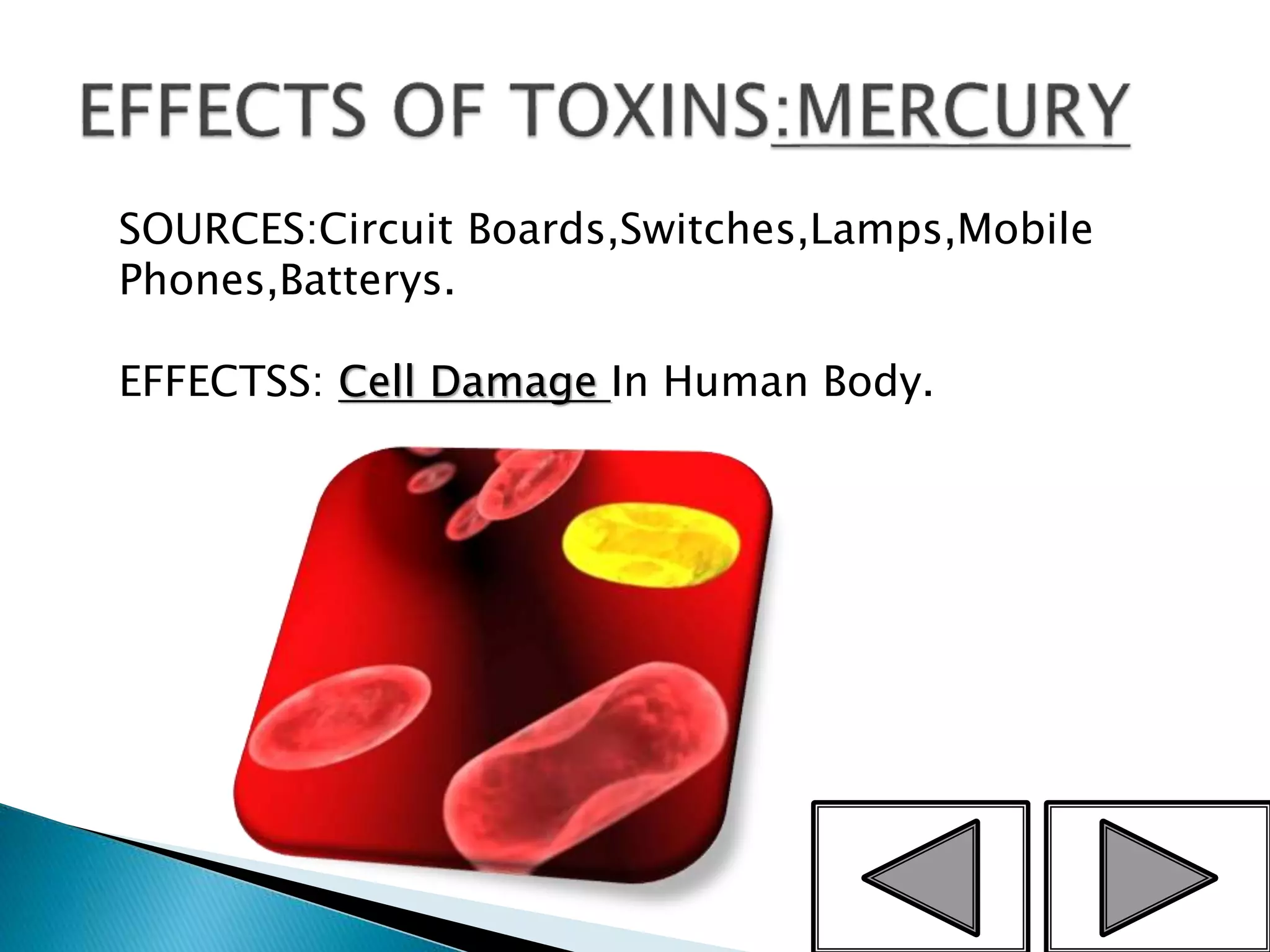 7
SOURCES:Circuit Boards,Switches,Lamps,Mobile
Phones,Batterys.
EFFECTSS: Cell Damage In Human Body.