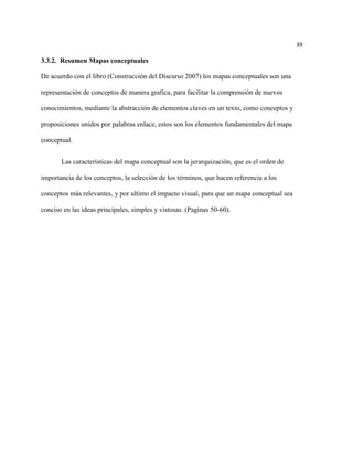 39

3.3.2. Resumen Mapas conceptuales

De acuerdo con el libro (Construcción del Discurso 2007) los mapas conceptuales son una

representación de conceptos de manera grafica, para facilitar la comprensión de nuevos

conocimientos, mediante la abstracción de elementos claves en un texto, como conceptos y

proposiciones unidos por palabras enlace, estos son los elementos fundamentales del mapa

conceptual.


       Las características del mapa conceptual son la jerarquización, que es el orden de

importancia de los conceptos, la selección de los términos, que hacen referencia a los

conceptos más relevantes, y por ultimo el impacto visual, para que un mapa conceptual sea

conciso en las ideas principales, simples y vistosas. (Paginas 50-60).
 