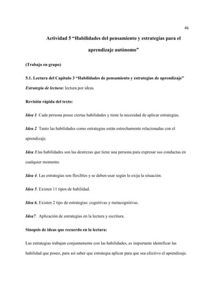 46

            Actividad 5 “Habilidades del pensamiento y estrategias para el

                                     aprendizaje autónomo”

(Trabajo en grupo)


5.1. Lectura del Capitulo 3 “Habilidades de pensamiento y estrategias de aprendizaje”

Estrategia de lectura: lectura por ideas.


Revisión rápida del texto:


Idea 1. Cada persona posee ciertas habilidades y tiene la necesidad de aplicar estrategias.


Idea 2. Tanto las habilidades como estrategias están estrechamente relacionadas con el

aprendizaje.


Idea 3.las habilidades son las destrezas que tiene una persona para expresar sus conductas en

cualquier momento.


Idea 4. Las estrategias son flexibles y se deben usar según lo exija la situación.


Idea 5. Existen 11 tipos de habilidad.


Idea 6. Existen 2 tipo de estrategias: cognitivas y metacognitivas.


Idea7. Aplicación de estrategias en la lectura y escritura.


Sinopsis de ideas que recuerdo en la lectura:


Las estrategias trabajan conjuntamente con las habilidades, es importante identificar las

habilidad que poseo, para así saber que estrategia aplicar para que sea efectivo el aprendizaje.
 