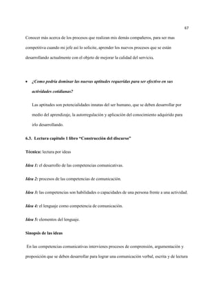 67

Conocer más acerca de los procesos que realizan mis demás compañeros, para ser mas

competitiva cuando mi jefe así lo solicite, aprender los nuevos procesos que se están

desarrollando actualmente con el objeto de mejorar la calidad del servicio.




   ¿Como podría dominar las nuevas aptitudes requeridas para ser efectivo en sus

   actividades cotidianas?


   Las aptitudes son potencialidades innatas del ser humano, que se deben desarrollar por

   medio del aprendizaje, la autorregulación y aplicación del conocimiento adquirido para

   irlo desarrollando.


6.3. Lectura capitulo 1 libro “Construcción del discurso”


Técnica: lectura por ideas


Idea 1: el desarrollo de las competencias comunicativas.


Idea 2: procesos de las competencias de comunicación.


Idea 3: las competencias son habilidades o capacidades de una persona frente a una actividad.


Idea 4: el lenguaje como competencia de comunicación.


Idea 5: elementos del lenguaje.


Sinopsis de las ideas


En las competencias comunicativas intervienes procesos de comprensión, argumentación y

proposición que se deben desarrollar para lograr una comunicación verbal, escrita y de lectura
 